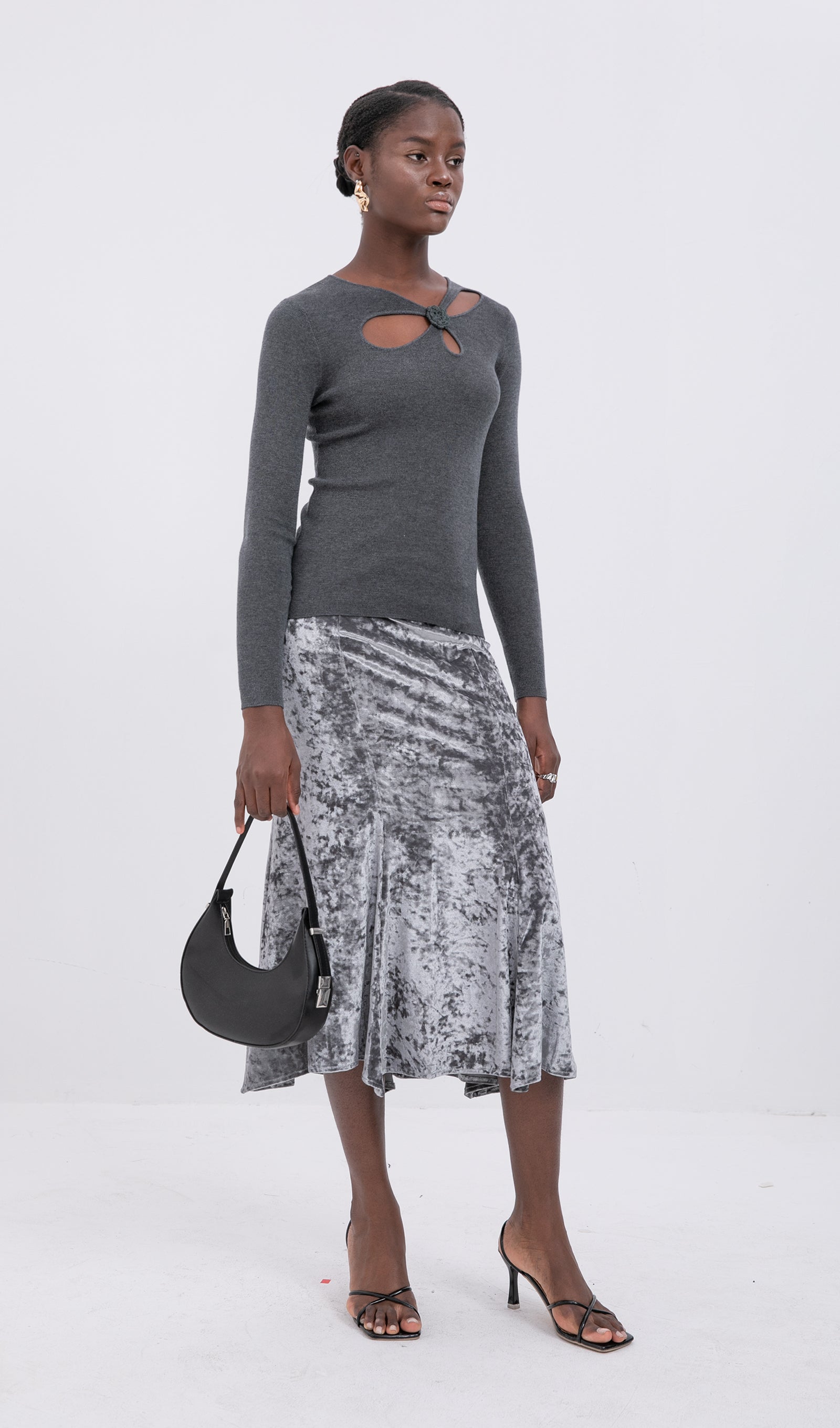 Trendy Yüksek Bel Kadife Midi Etek-Gümüş