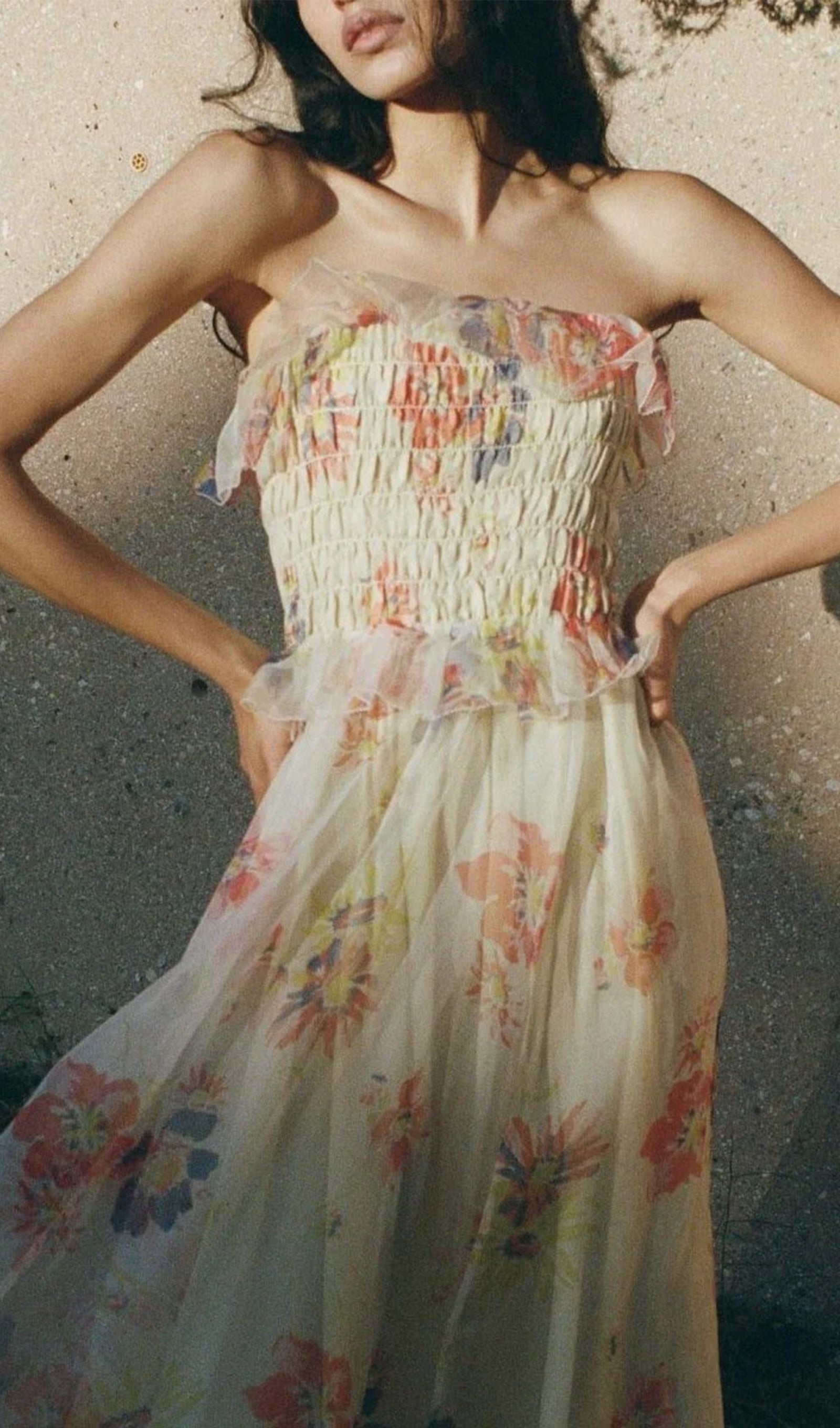 Alberta Çiçekli Fırfırlı Maksi Elbise