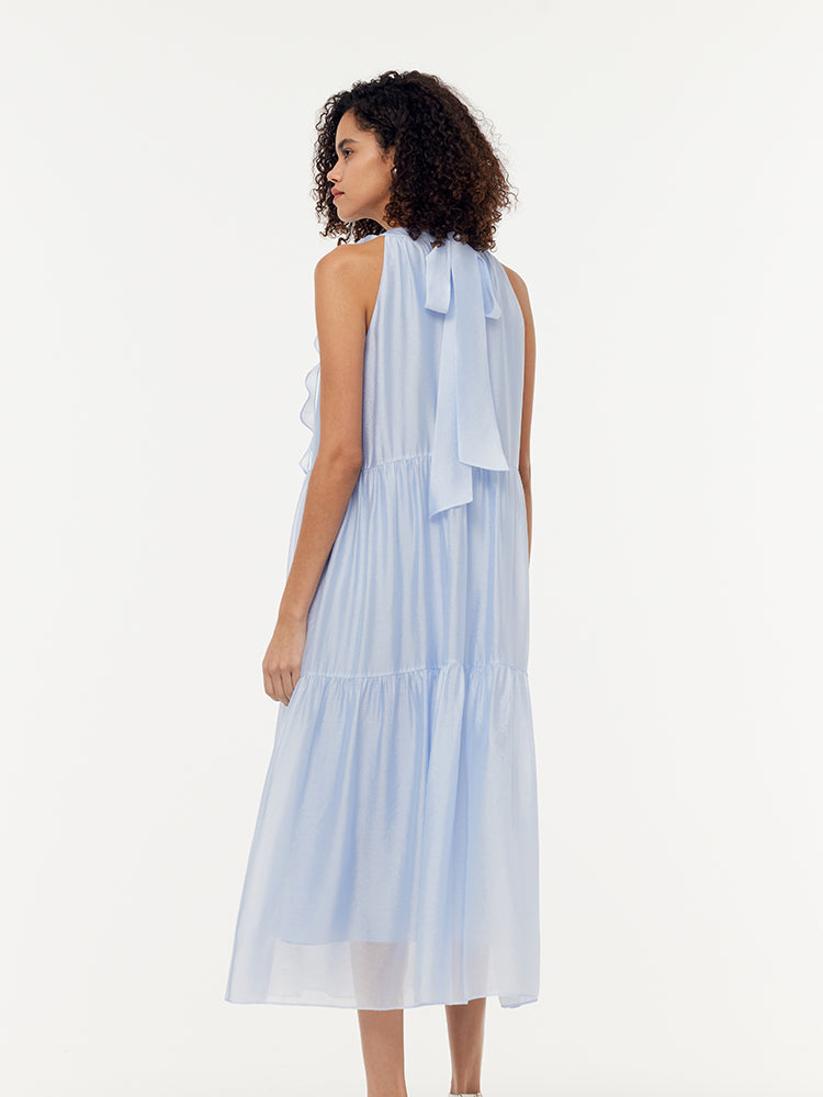 Çıkarılabilir Çiçekli Kadın Halter Midi Mavi Elbise