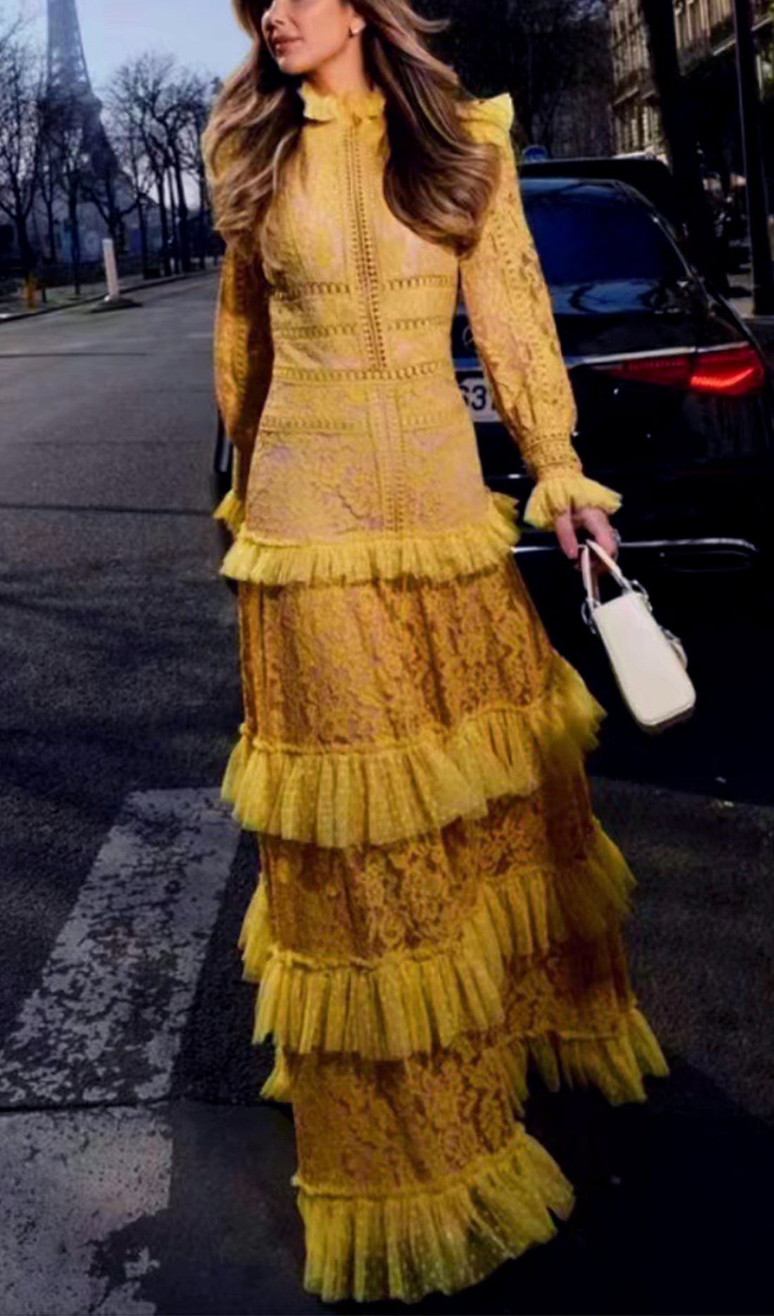 Vintage Uzun Kollu Fırfırlı Dantel Maksi Elbise Sarı