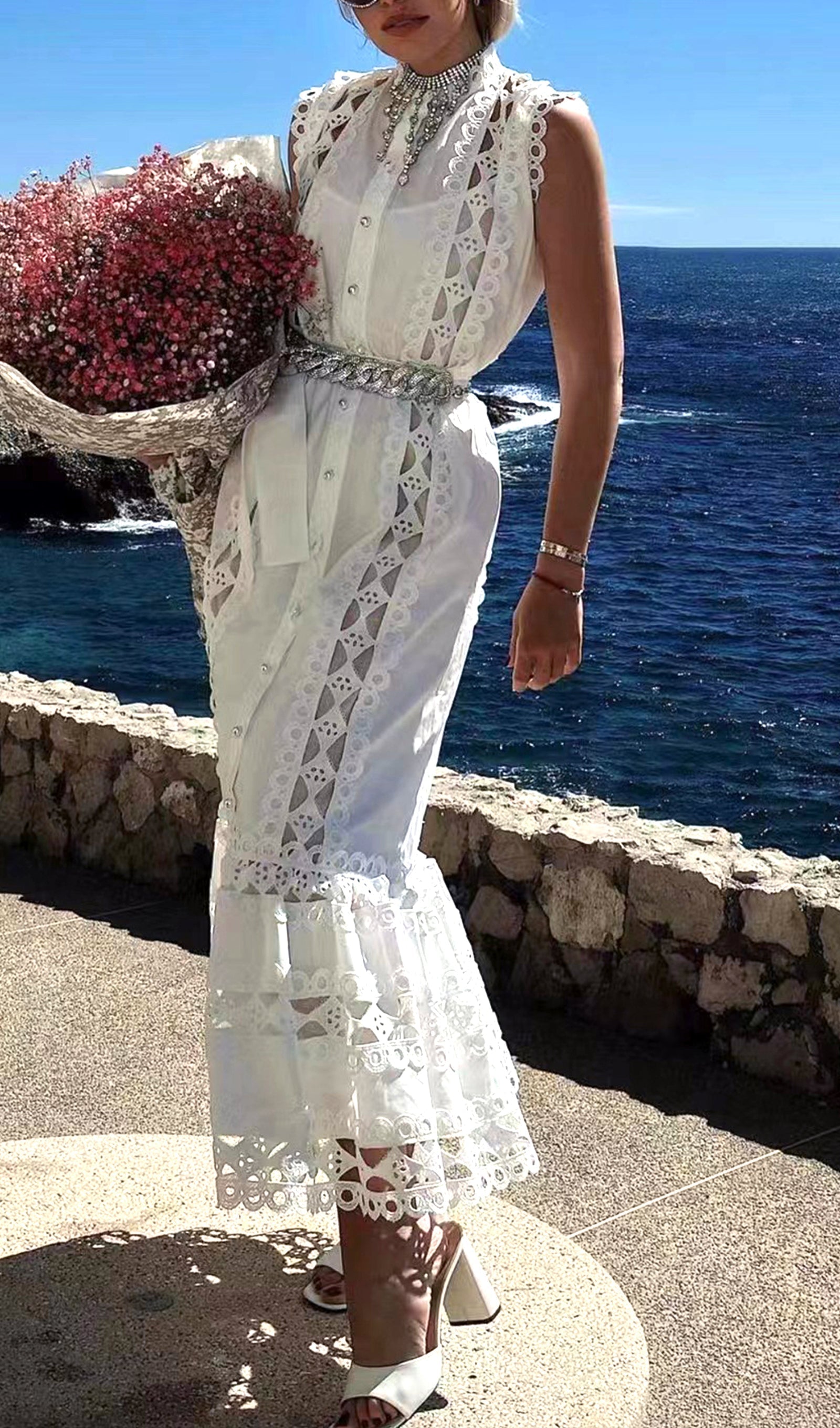 Kolsuz Hollow Out Kroşe Maksi Elbise