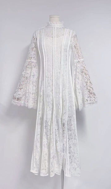 Dantel Korse Çan Kollu Maksi Elbise Beyaz