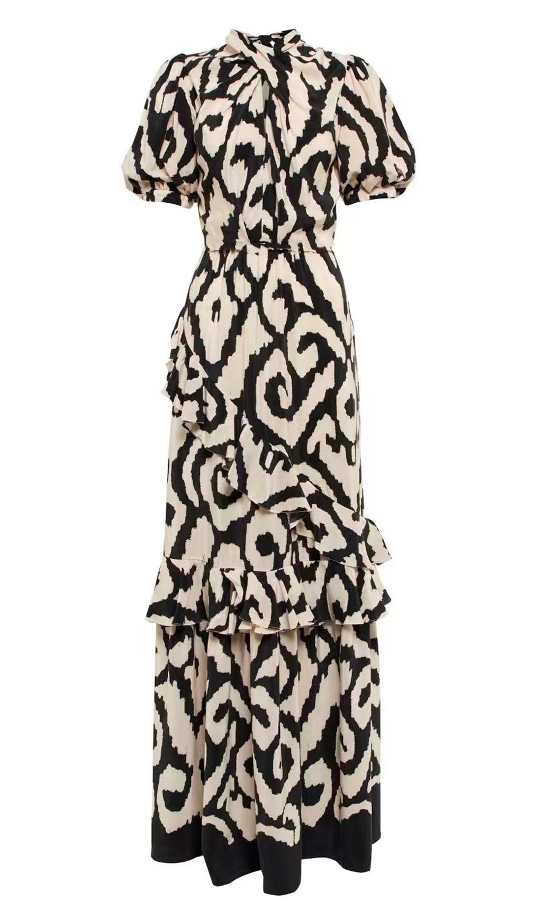 Kısa Kollu Ruffle Fit ve Flare Maksi Elbise