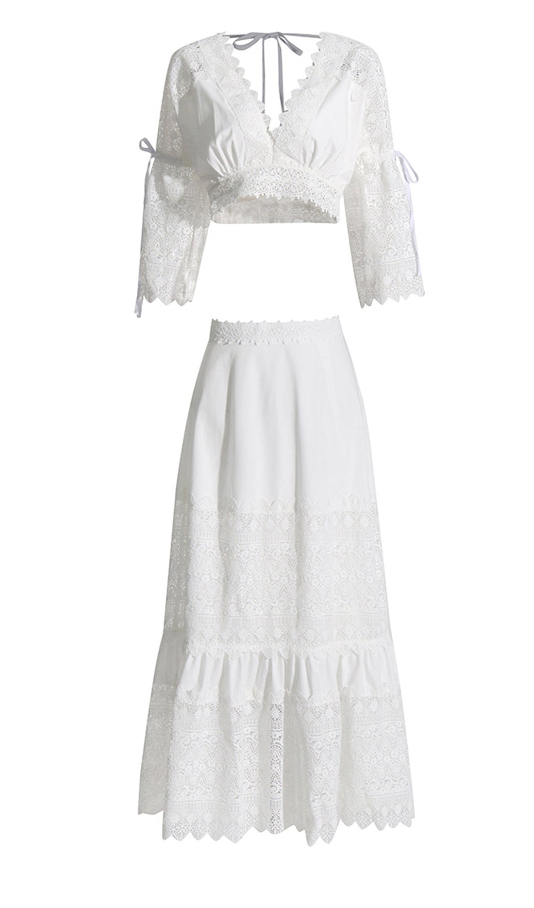 İki Parça Kroşe Maxi Etek ve Üst Takım Beyaz