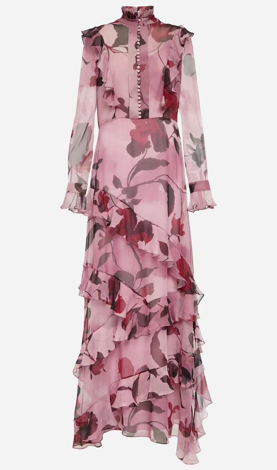 Çiçekli Uzun Kollu Fırfırlı Maksi Elbise