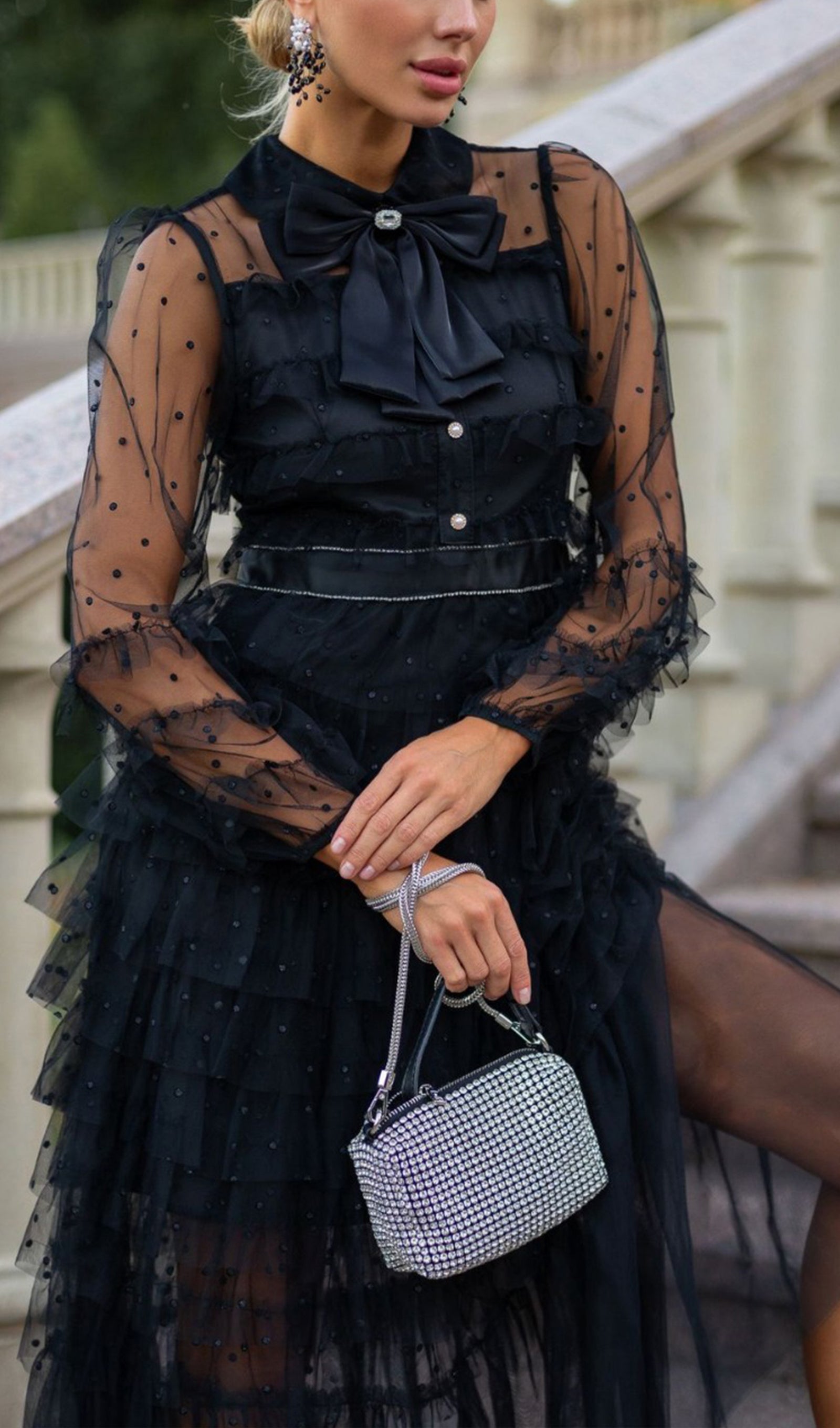 Uzun Kollu Ruffle Rhinestone File Maksi Elbise