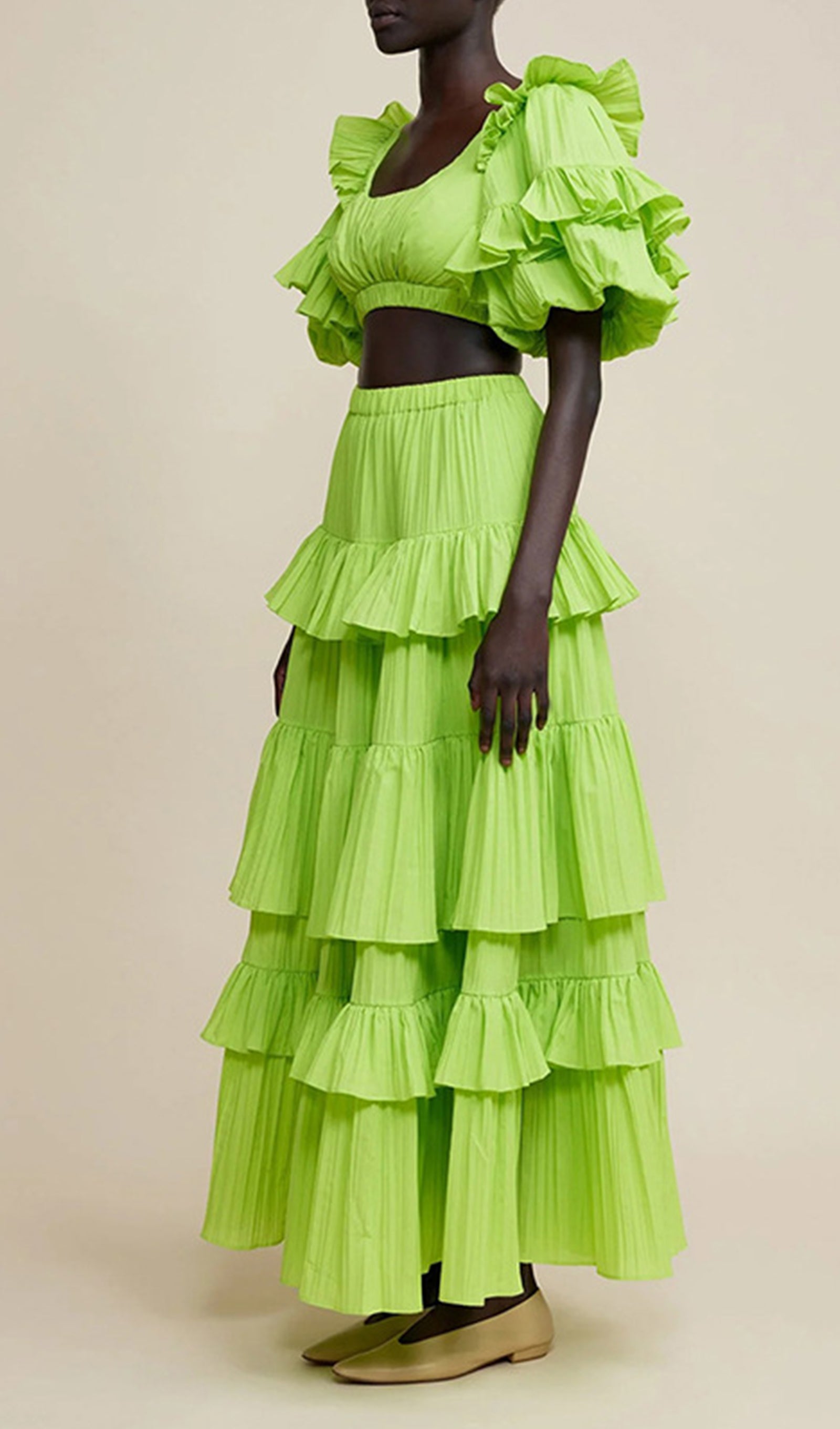 İki Parçalı Pileli Katlı Maxi Etek ve Üst Takım