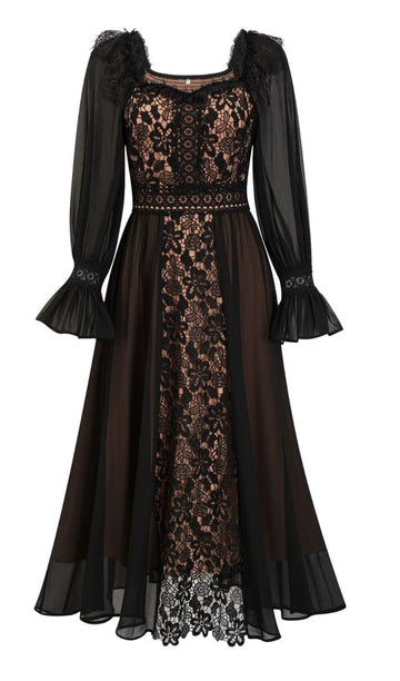 Uzun Kollu Dantel Çiçekli Fit ve Flare Maksi Elbise