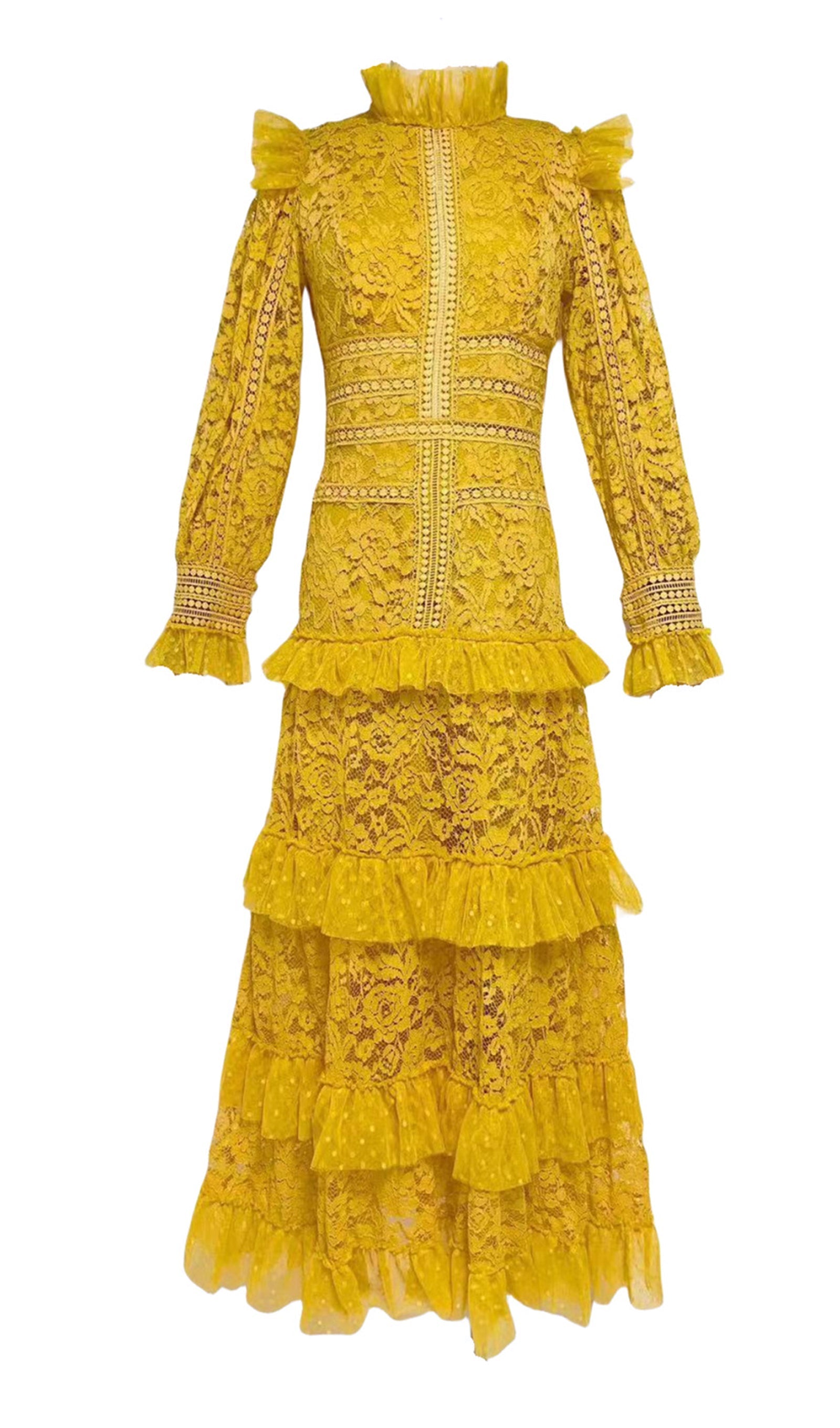 Vintage Uzun Kollu Fırfırlı Dantel Maksi Elbise Sarı