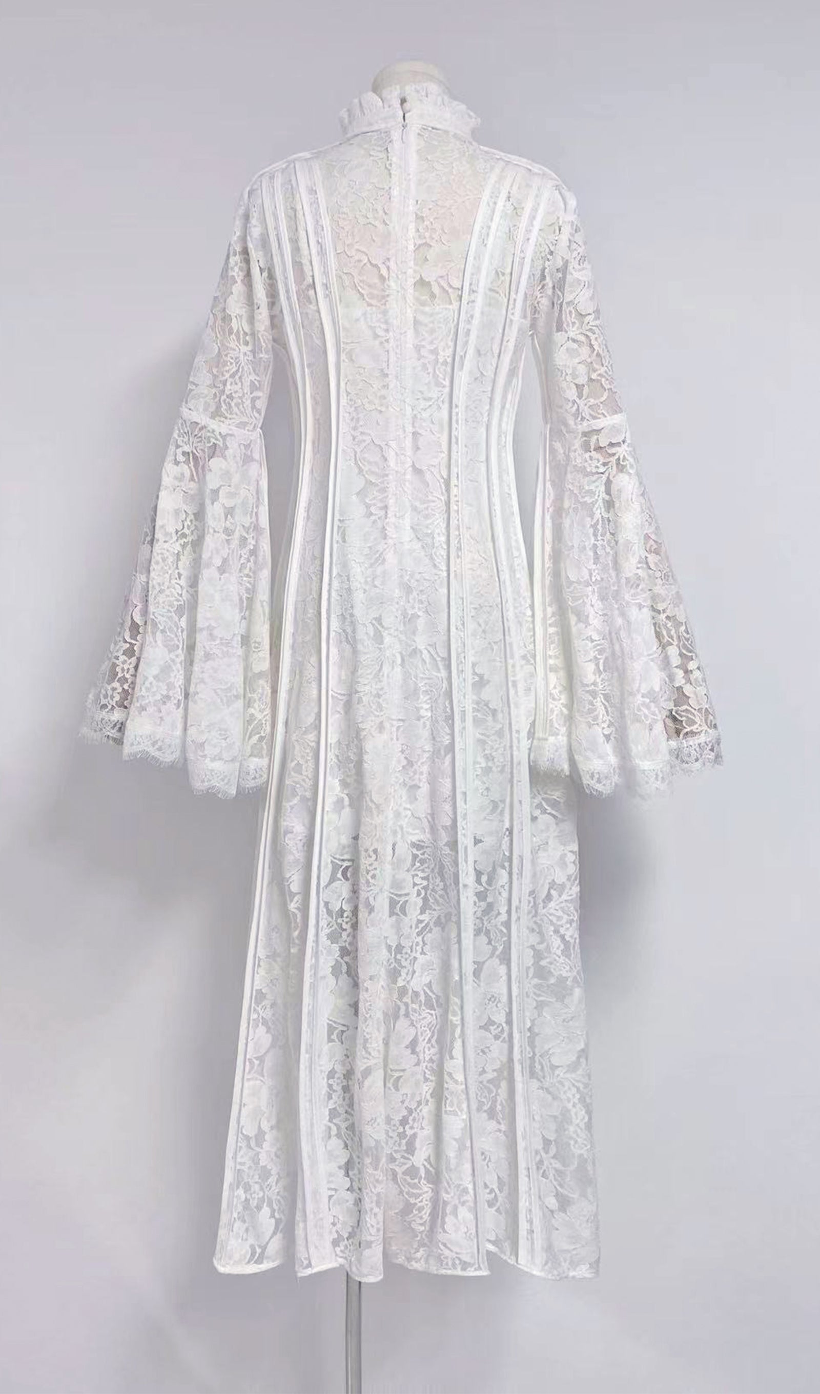 Dantel Korse Çan Kollu Maksi Elbise Beyaz