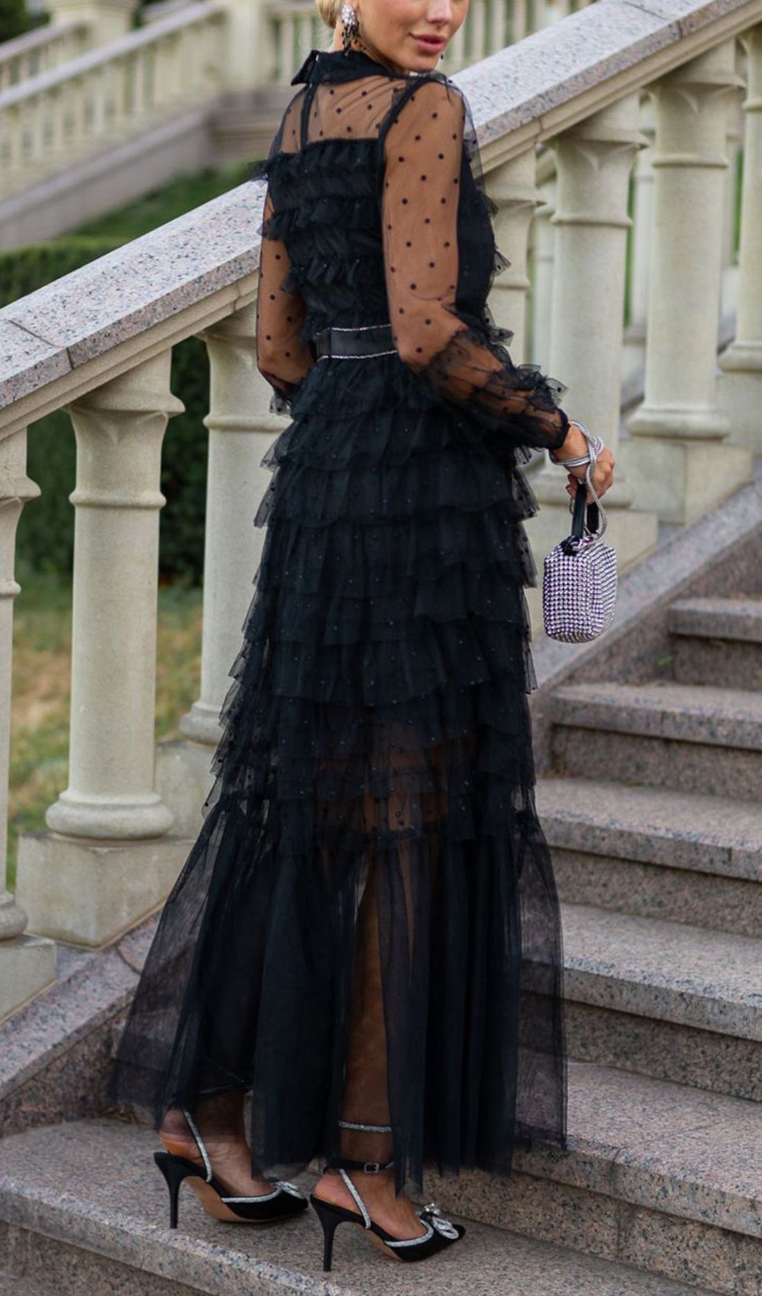 Uzun Kollu Ruffle Rhinestone File Maksi Elbise