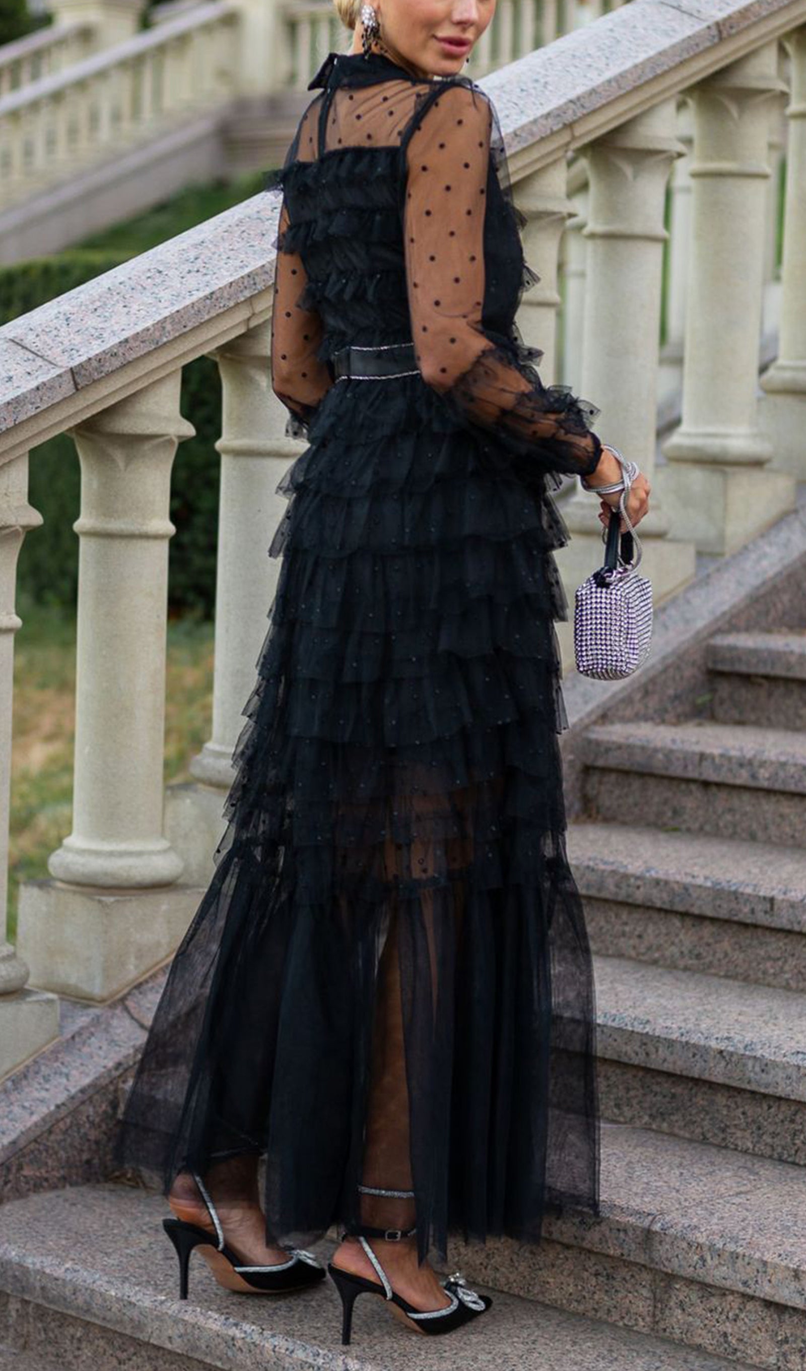 Uzun Kollu Ruffle Rhinestone File Maksi Elbise