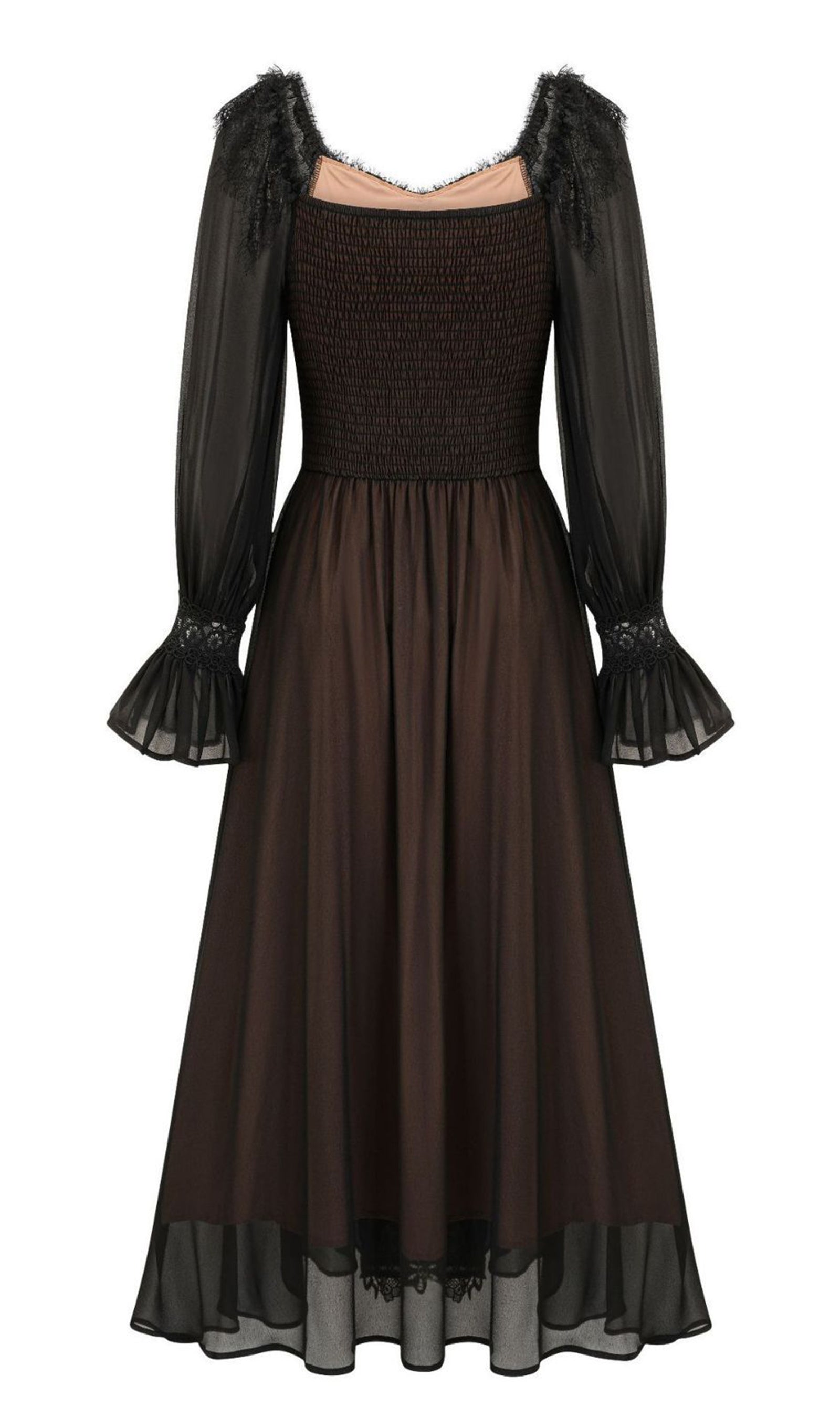 Uzun Kollu Dantel Çiçekli Fit ve Flare Maksi Elbise