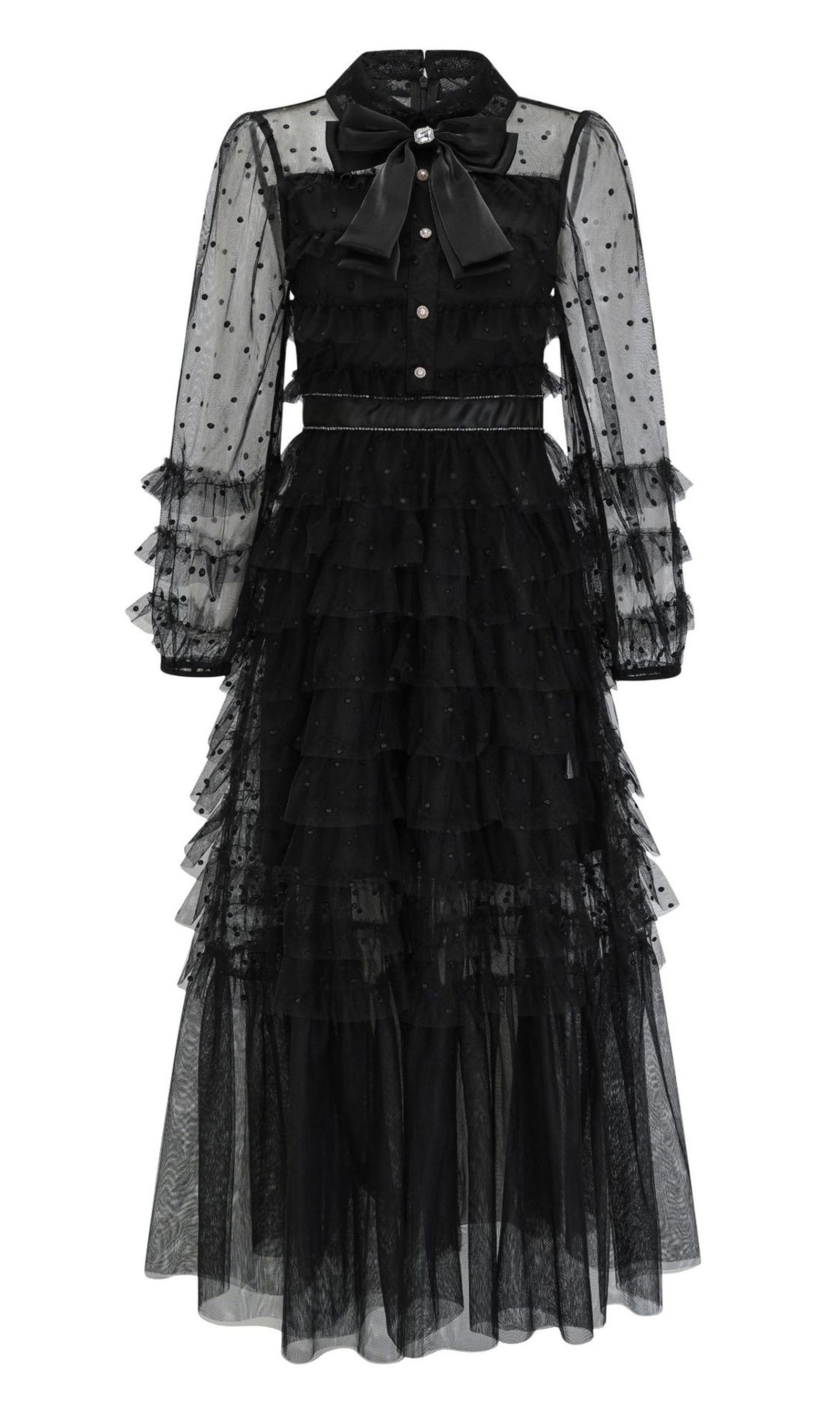 Uzun Kollu Ruffle Rhinestone File Maksi Elbise