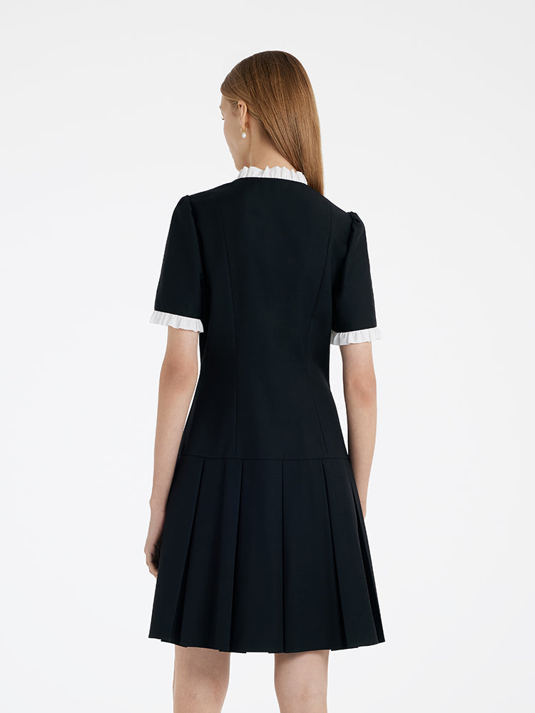 Fırfır Süslemeli İnci Düğmeli Kadın Mini Siyah Spor Elbise