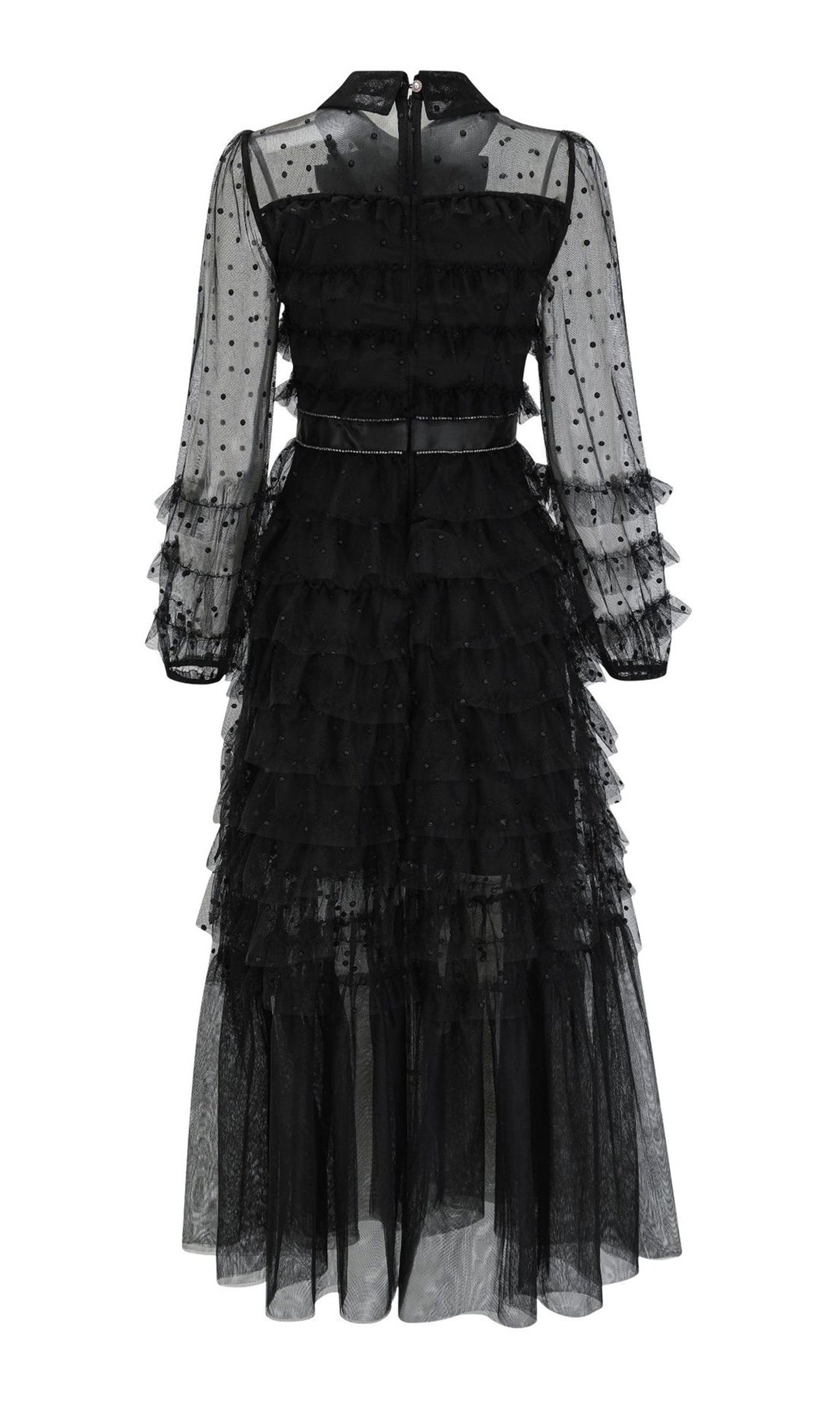 Uzun Kollu Ruffle Rhinestone File Maksi Elbise