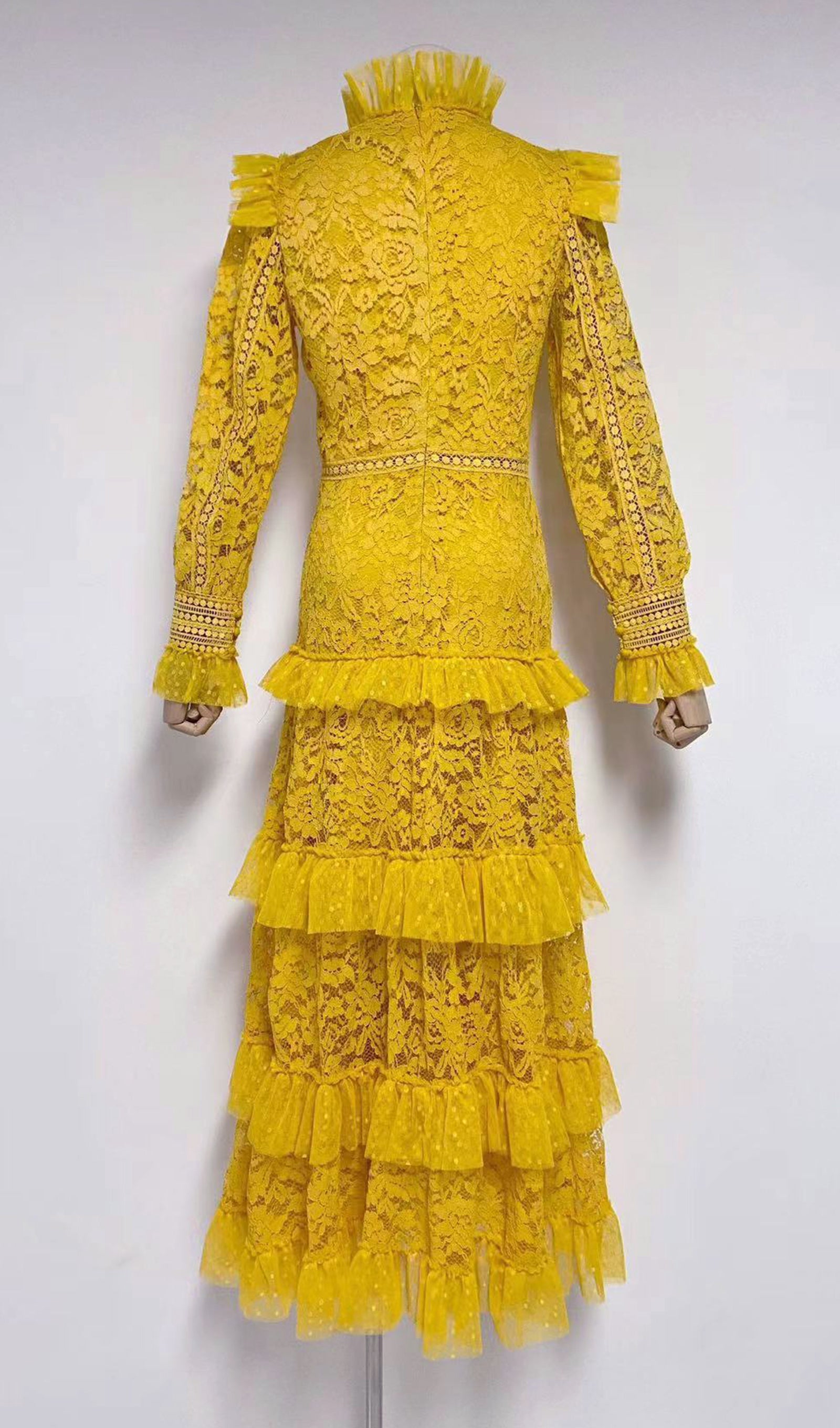 Vintage Uzun Kollu Fırfırlı Dantel Maksi Elbise Sarı