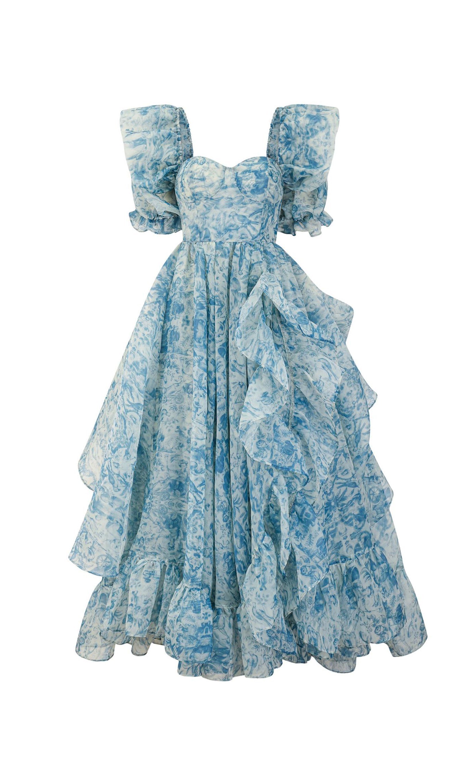 Çiçekli Kapalı Omuz Fırfır Yırtmaçlı Maksi Elbise