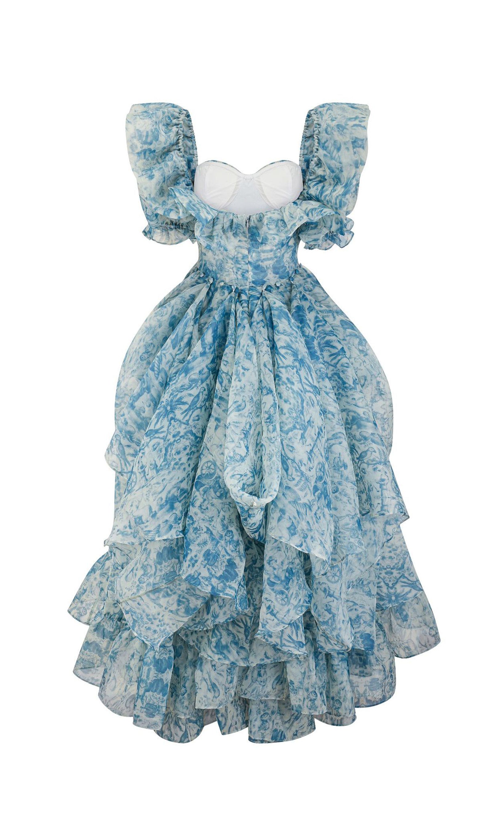 Çiçekli Kapalı Omuz Fırfır Yırtmaçlı Maksi Elbise