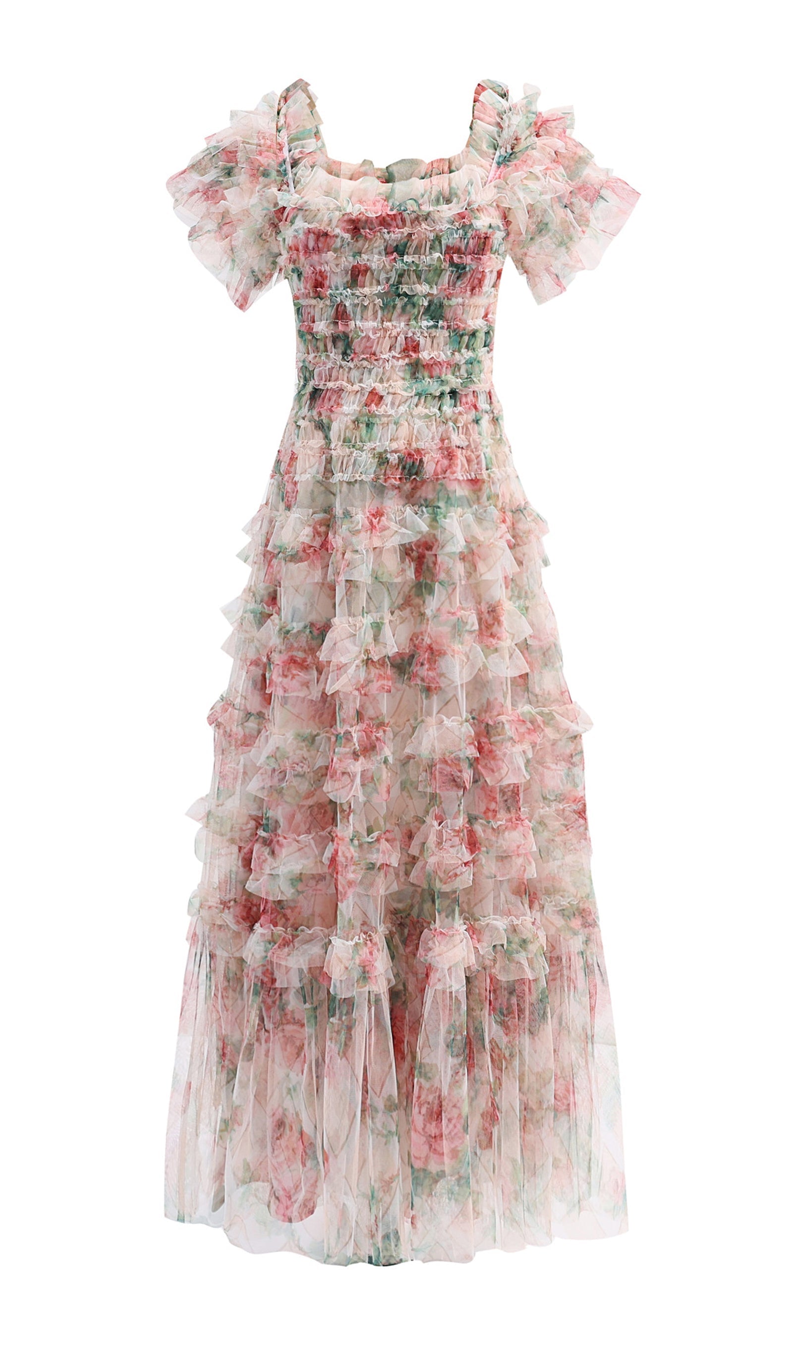 Kapalı Omuz Çiçekli Fırfırlı Örgü Maksi Elbise