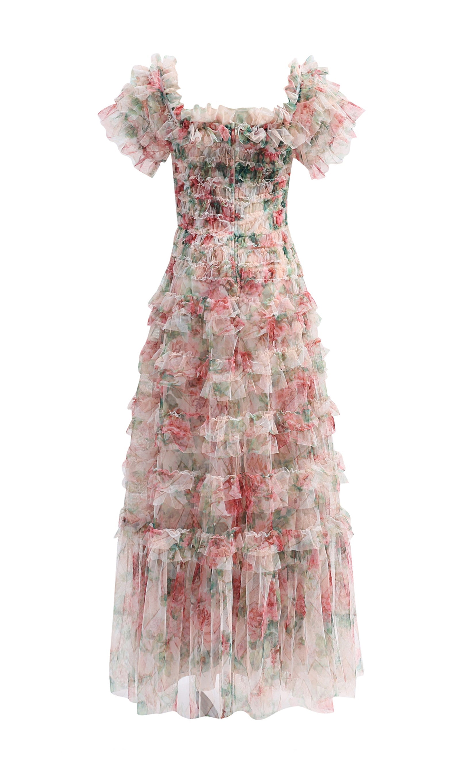 Kapalı Omuz Çiçekli Fırfırlı Örgü Maksi Elbise