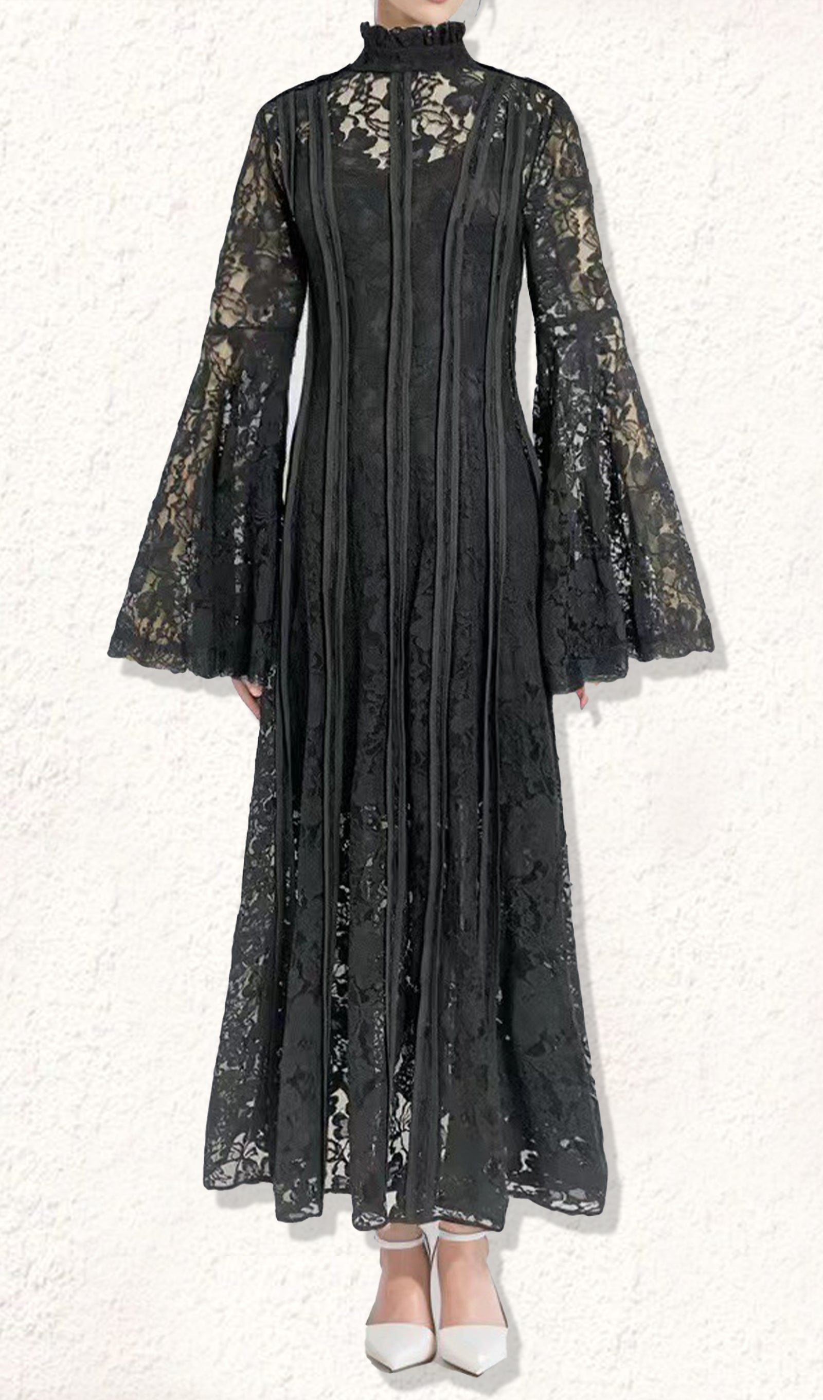 Dantel Korse Çan Kollu Maksi Elbise Beyaz