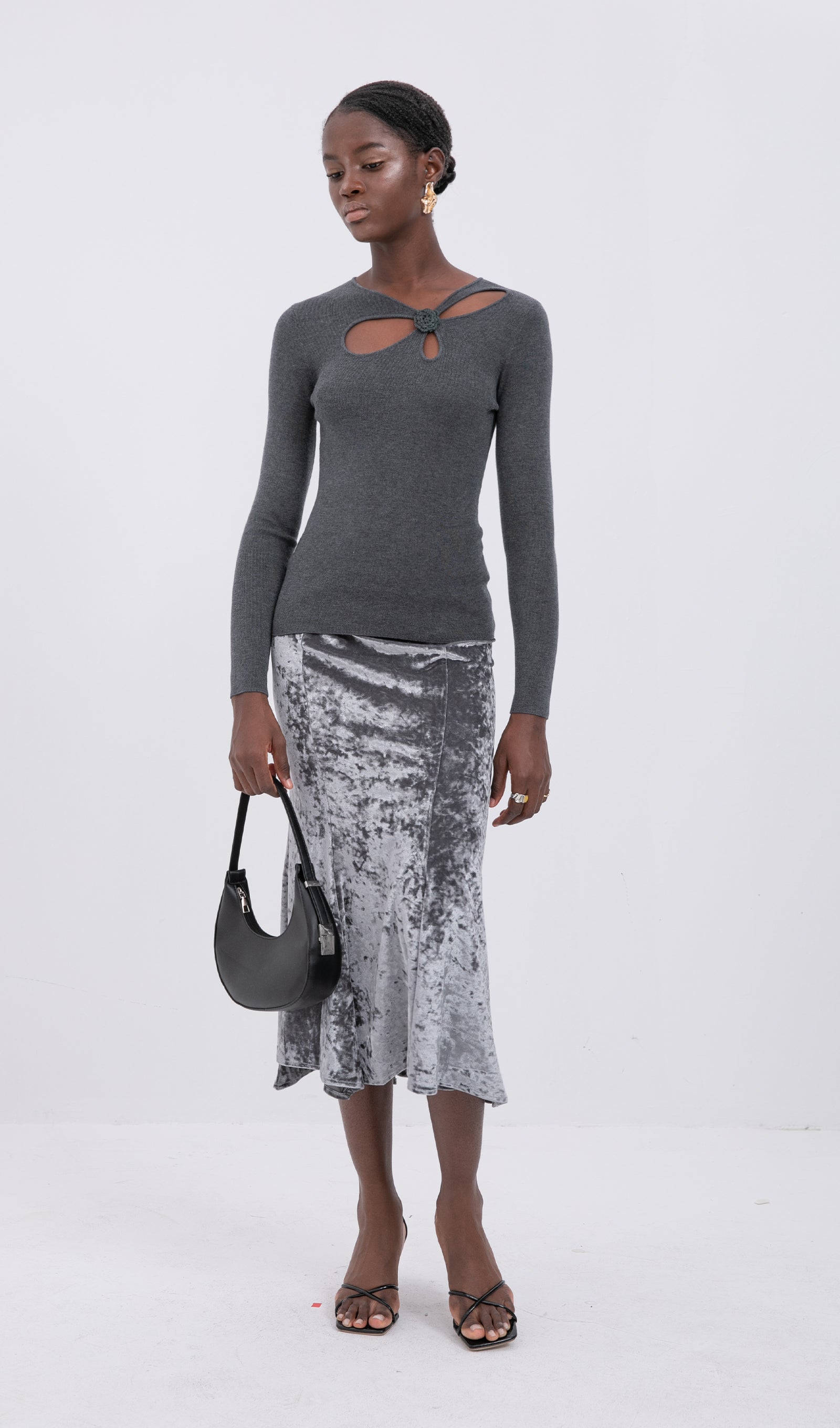 Trendy Yüksek Bel Kadife Midi Etek-Gümüş