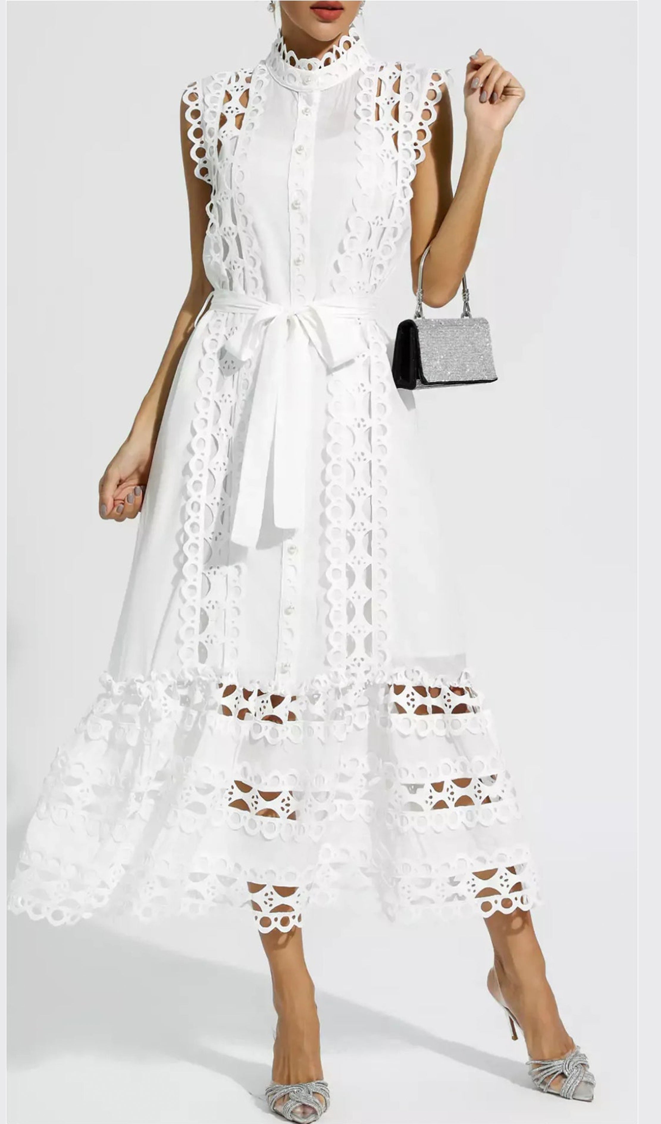 Kolsuz Hollow Out Kroşe Maksi Elbise