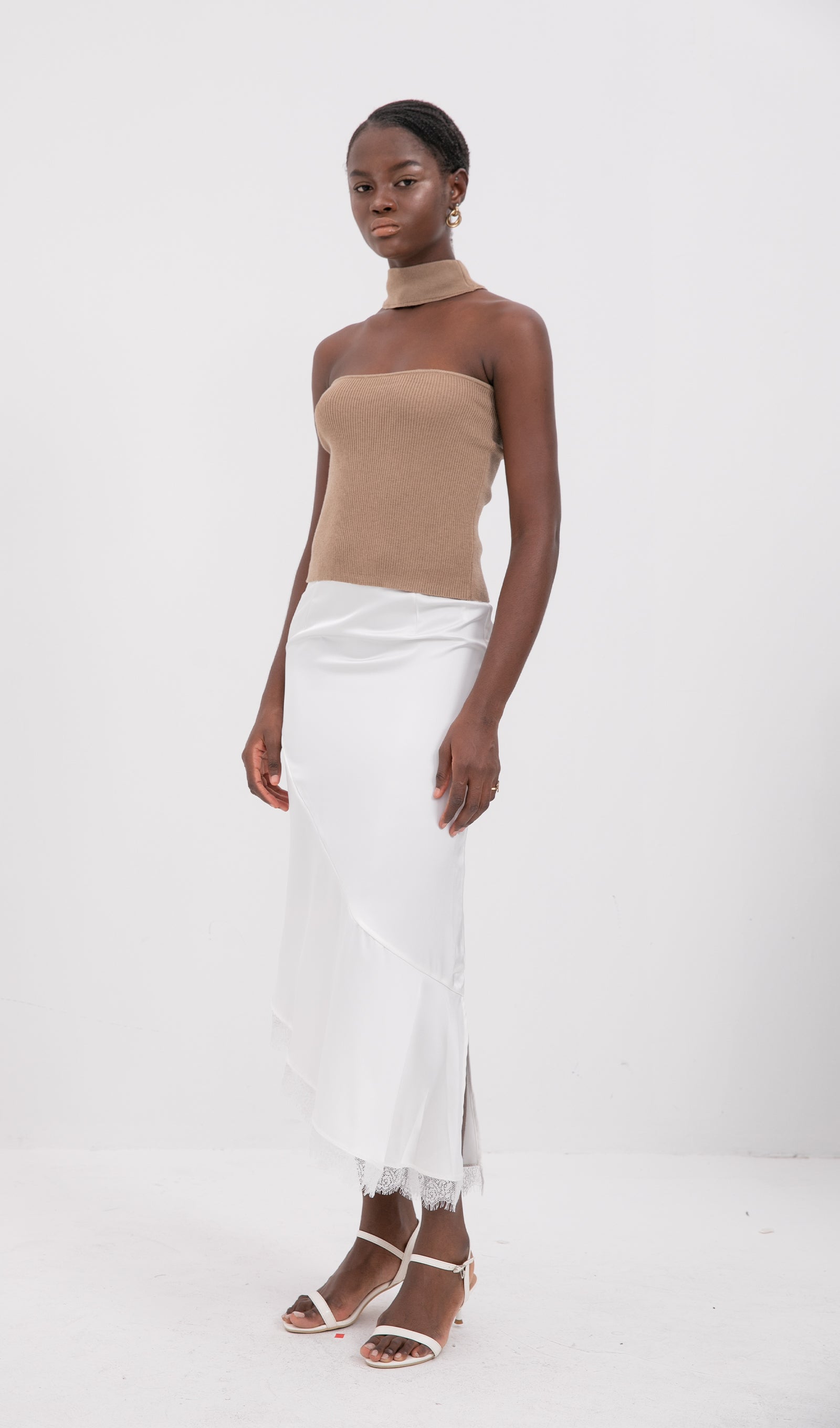 Trendy Saten Dantel Kenarlı Midi Etek-Beyaz