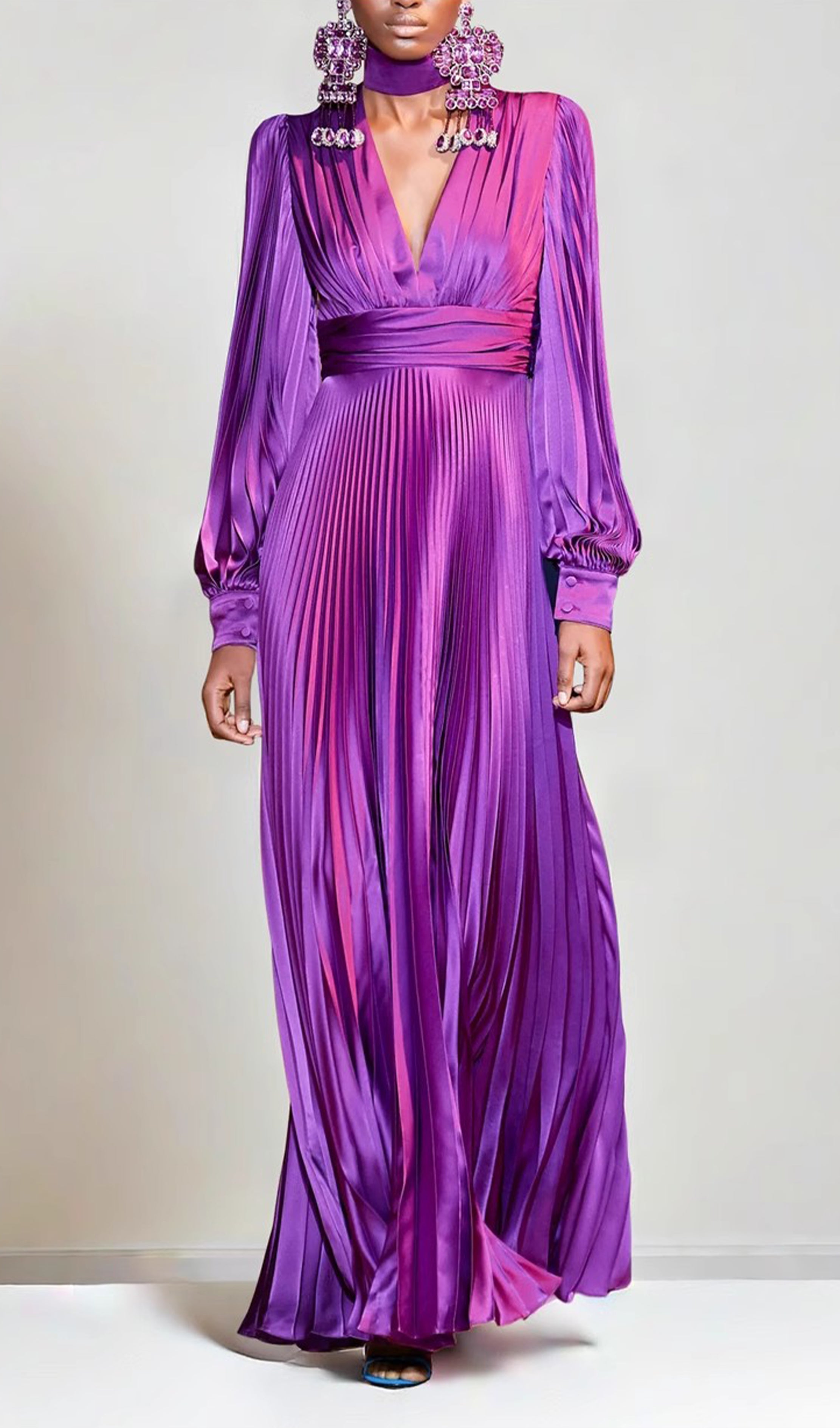 Mor Saten Pileli Maksi Elbise