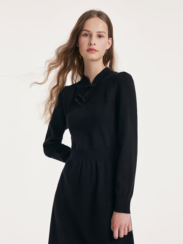 Yün Cheongsam Büzgülü Bel Qipao Kırmızı Midi Kışlık Elbise