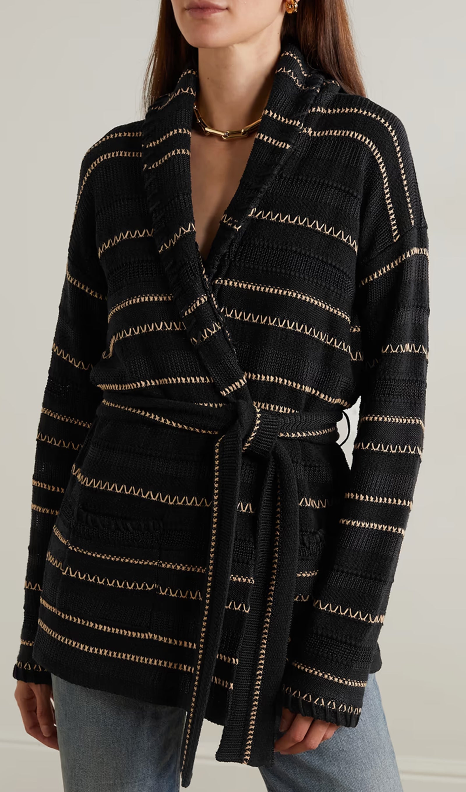 Kontrast Dikişli Kuşaklı Hırka