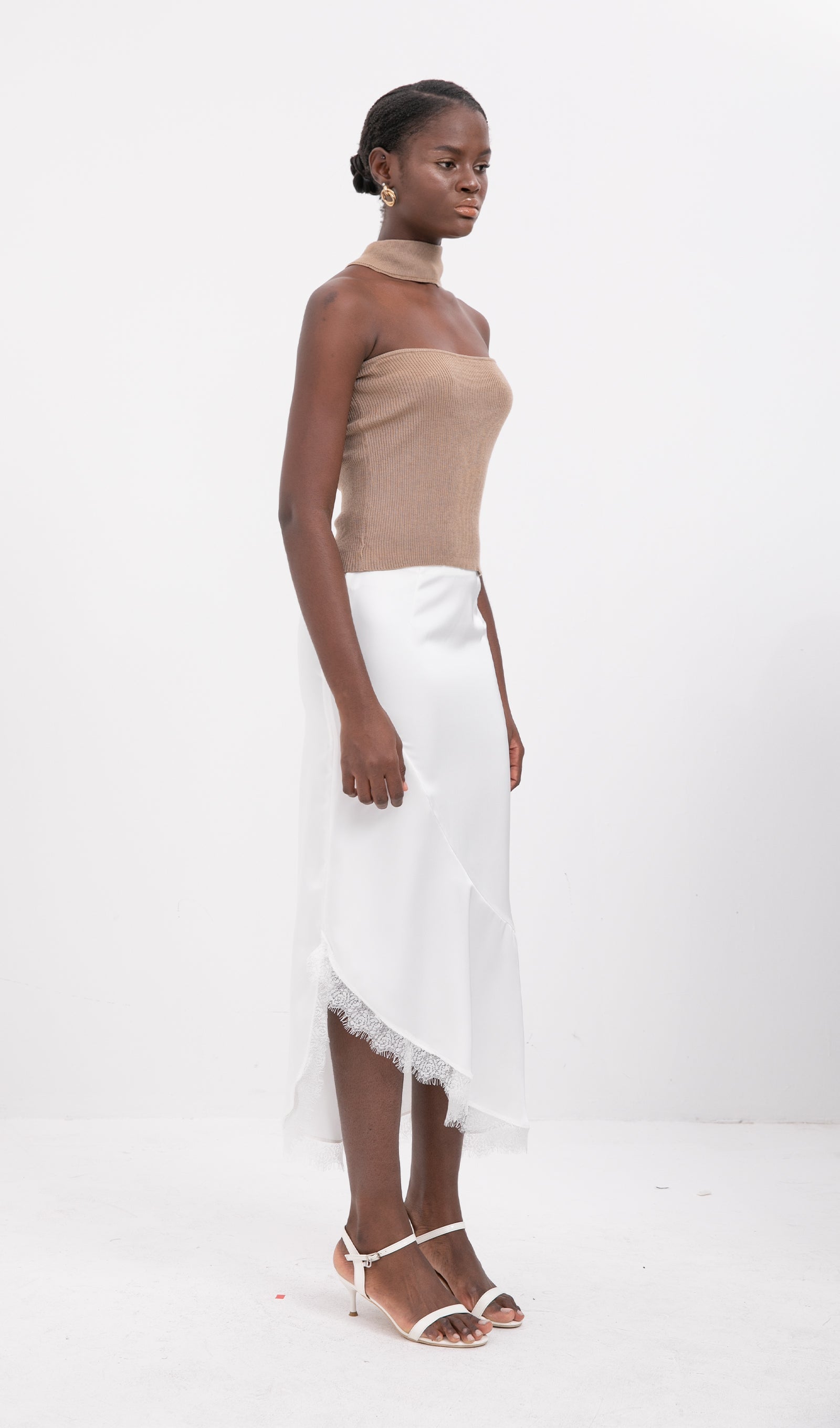 Trendy Saten Dantel Kenarlı Midi Etek-Beyaz