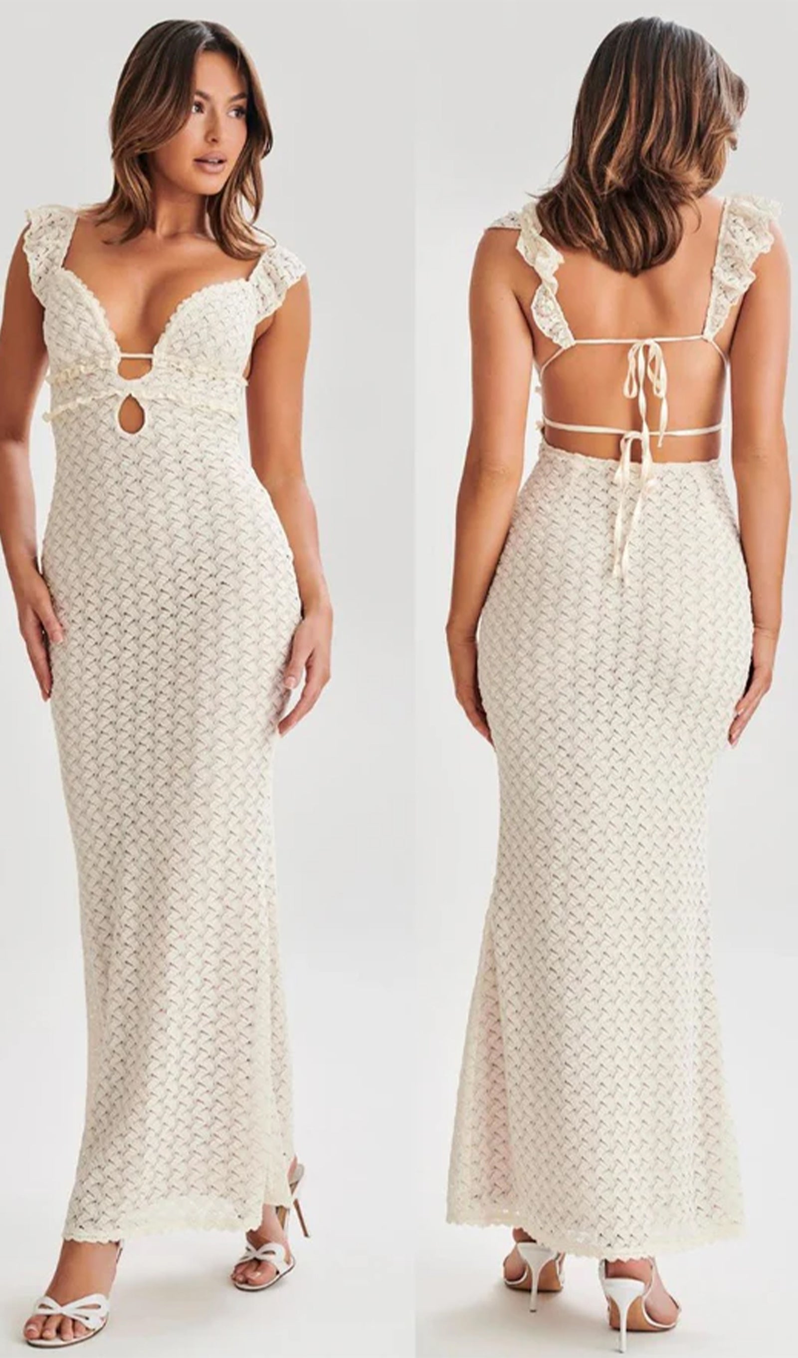 Fırfırlı Sırtı Açık Örgü Maksi Elbise