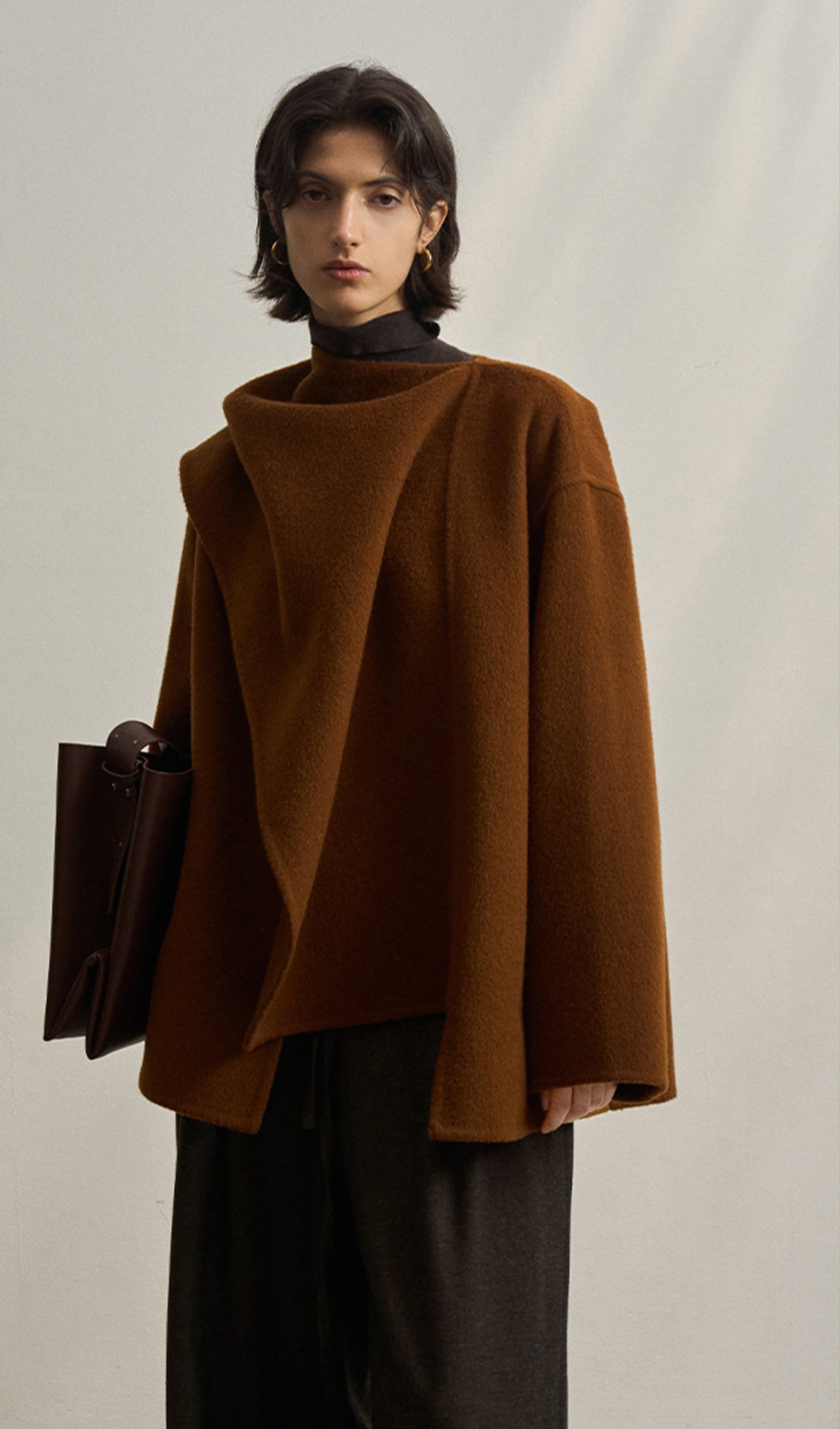 Solid Pelerin Stili %100 Yün Kaban-Kestane