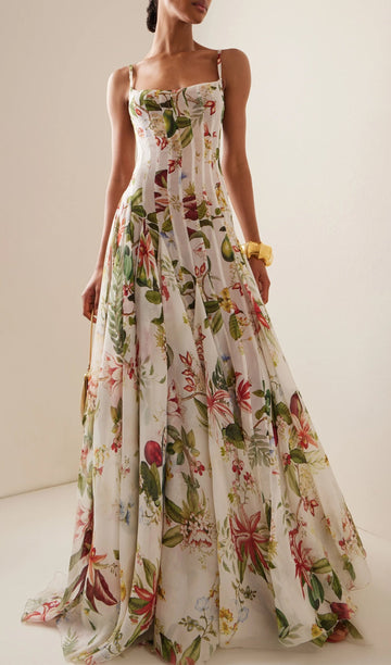 Floral Dantelli Çiçekli ve Faunalı Maksi Elbise