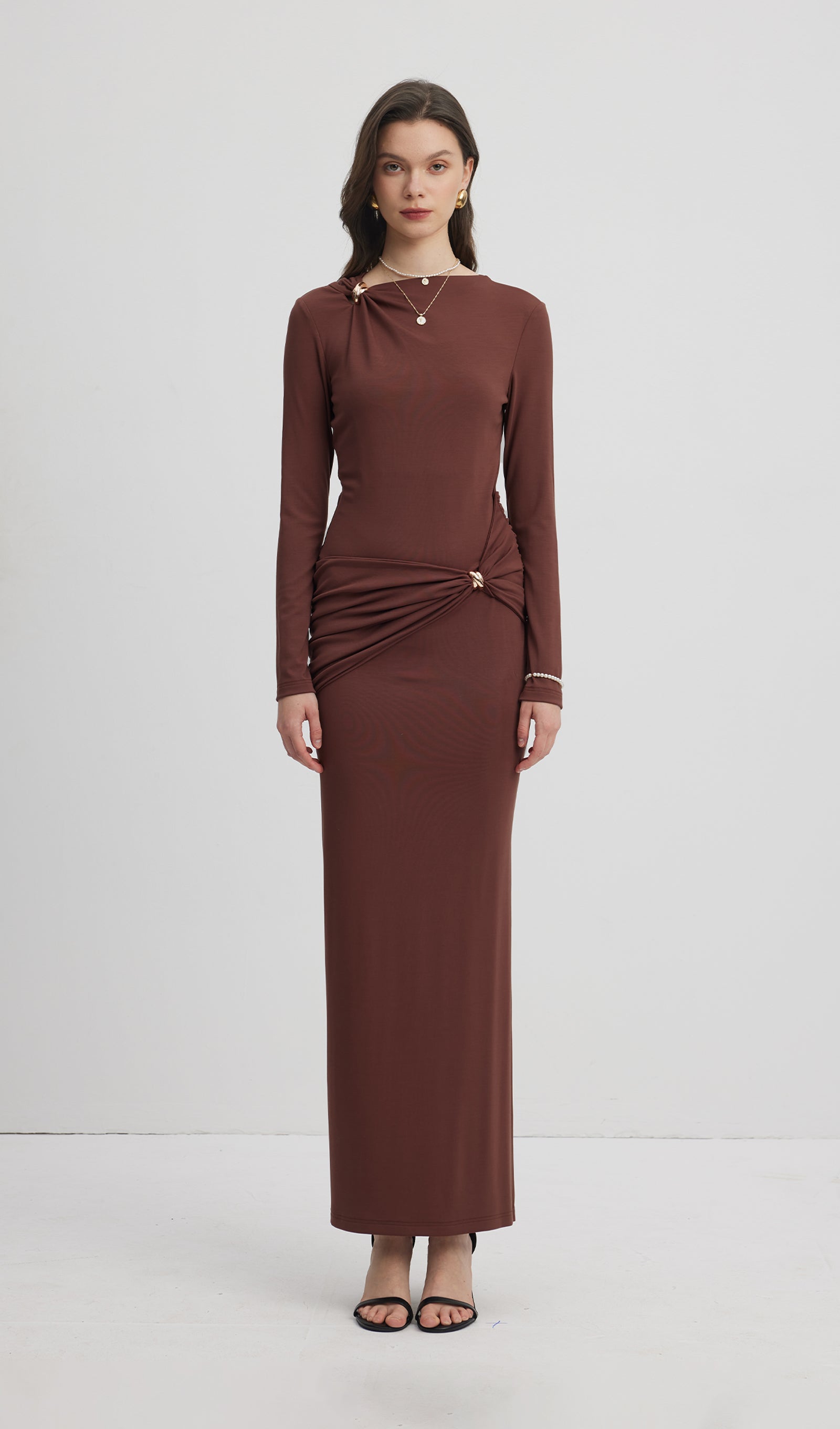 Jersey Seductive Fitted Maksi Elbise-Kahverengi