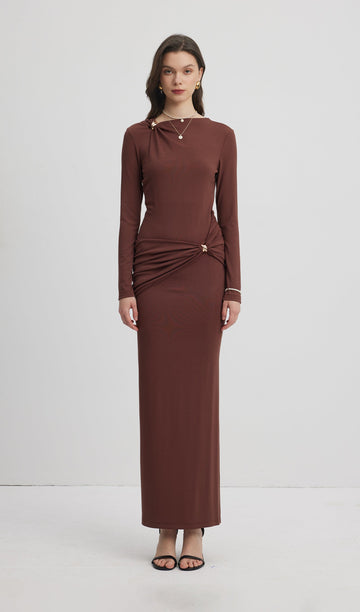 Jersey Seductive Fitted Maksi Elbise-Kahverengi