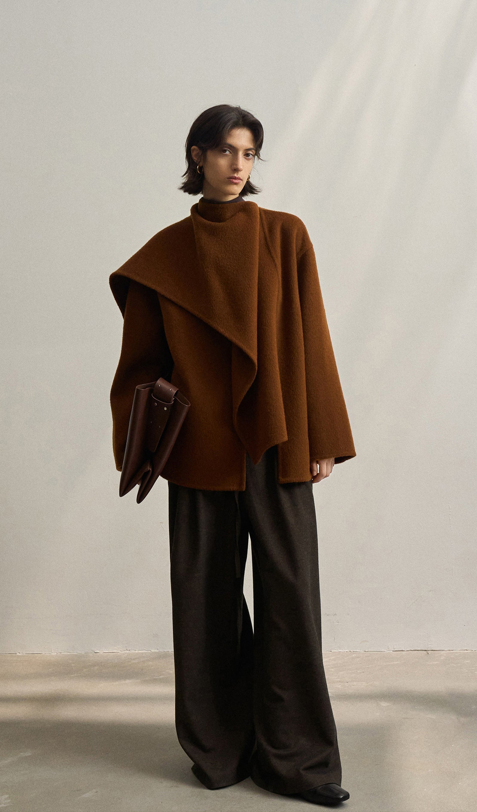 Solid Pelerin Stili %100 Yün Kaban-Kestane