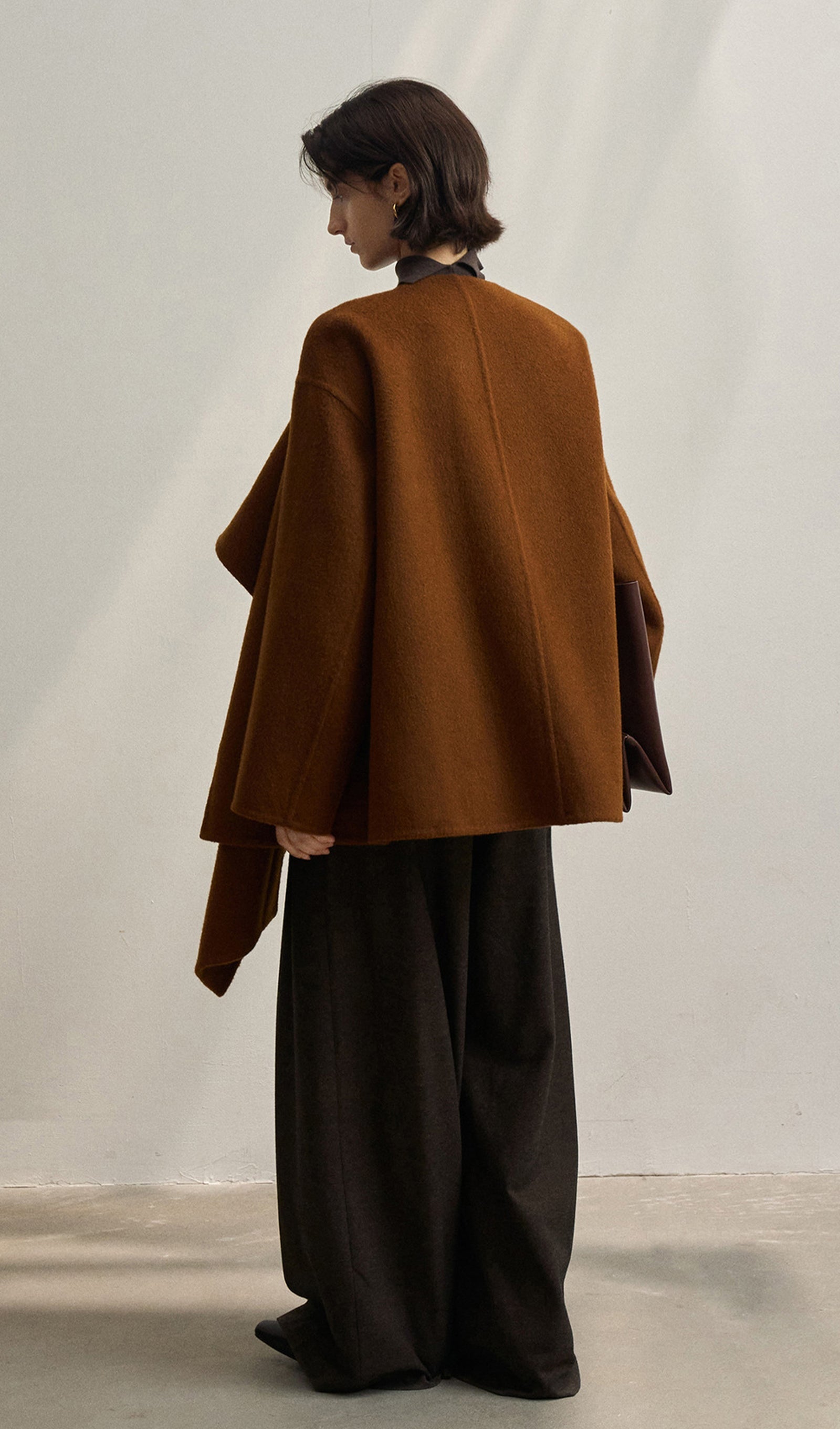 Solid Pelerin Stili %100 Yün Kaban-Kestane