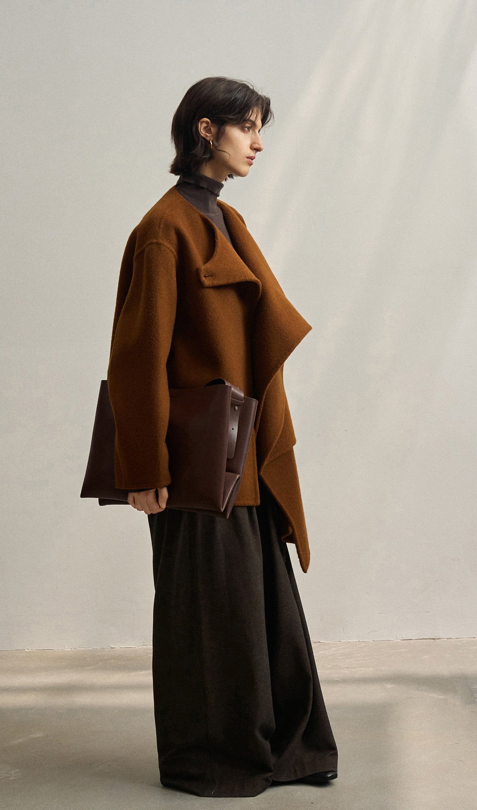 Solid Pelerin Stili %100 Yün Kaban-Kestane