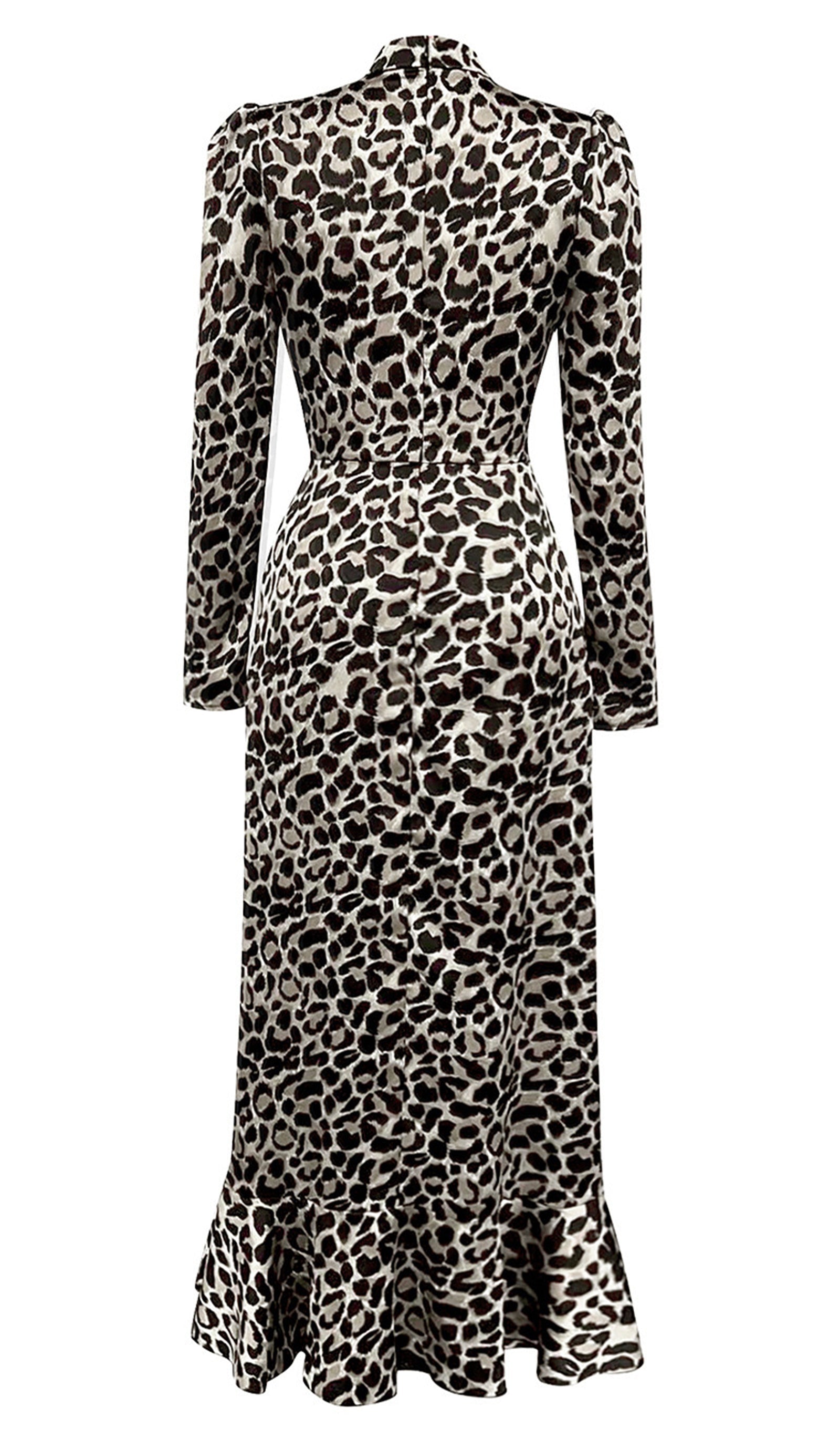 Leopar Desenli Takma Yaka Fırfırlı Maksi Elbise