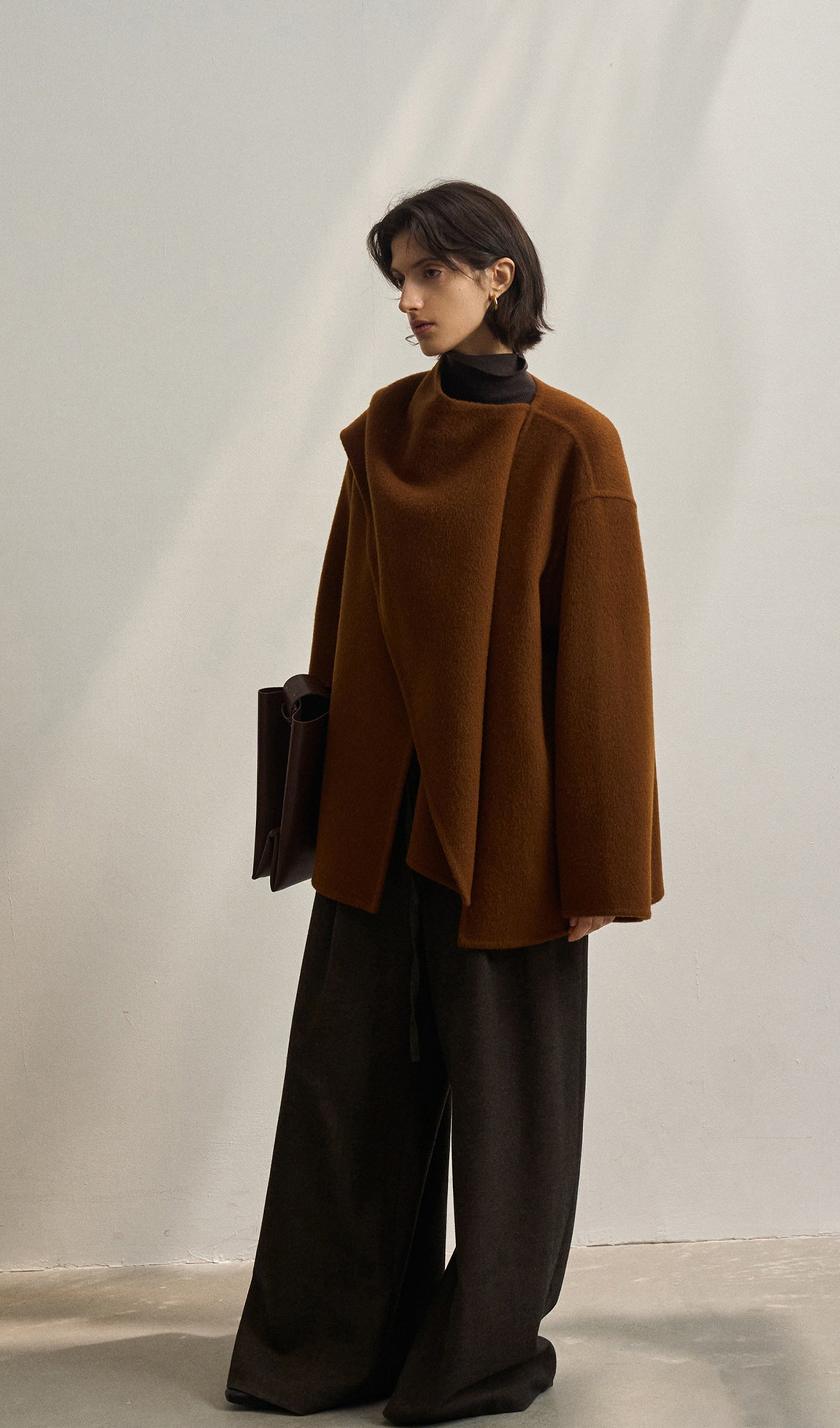 Solid Pelerin Stili %100 Yün Kaban-Kestane