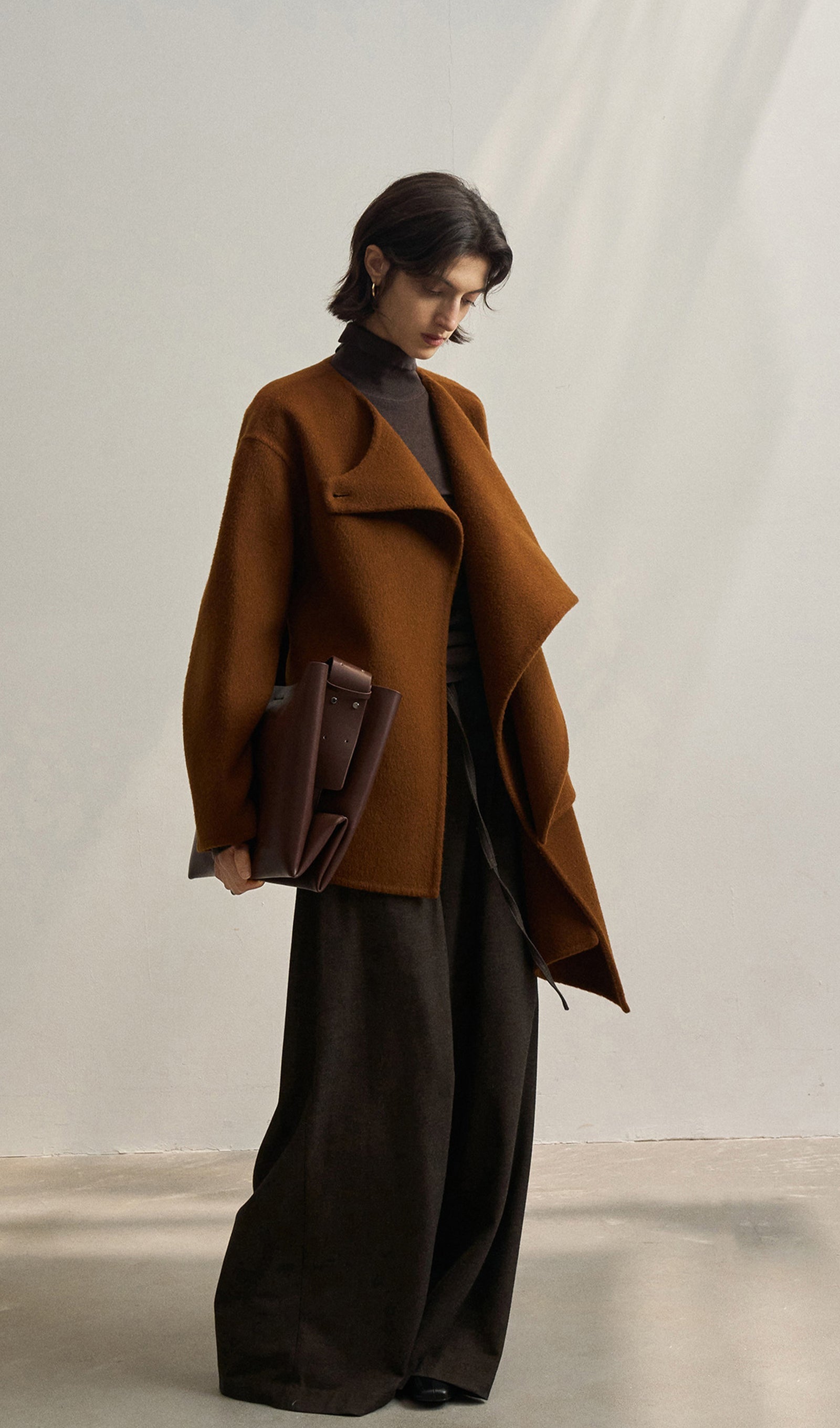 Solid Pelerin Stili %100 Yün Kaban-Kestane