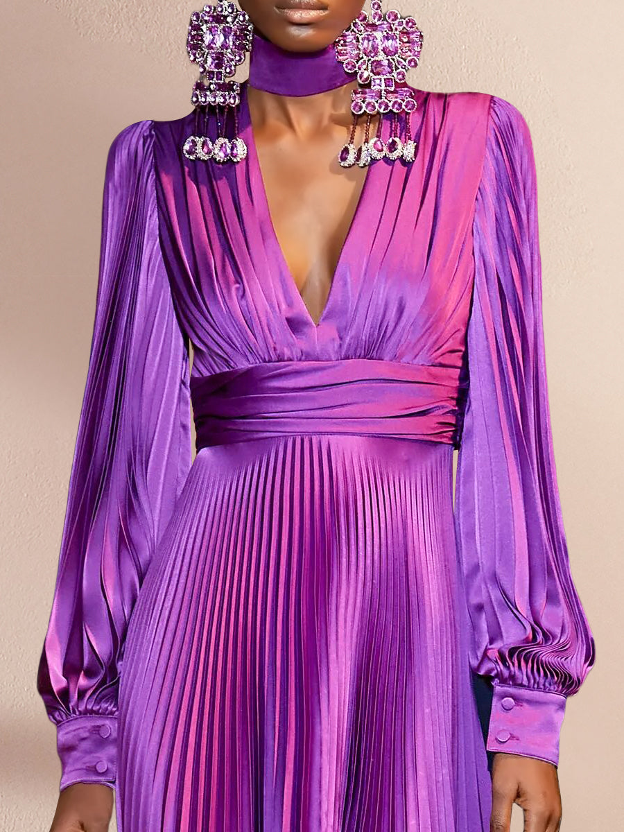 Mor Saten Pileli Maksi Elbise