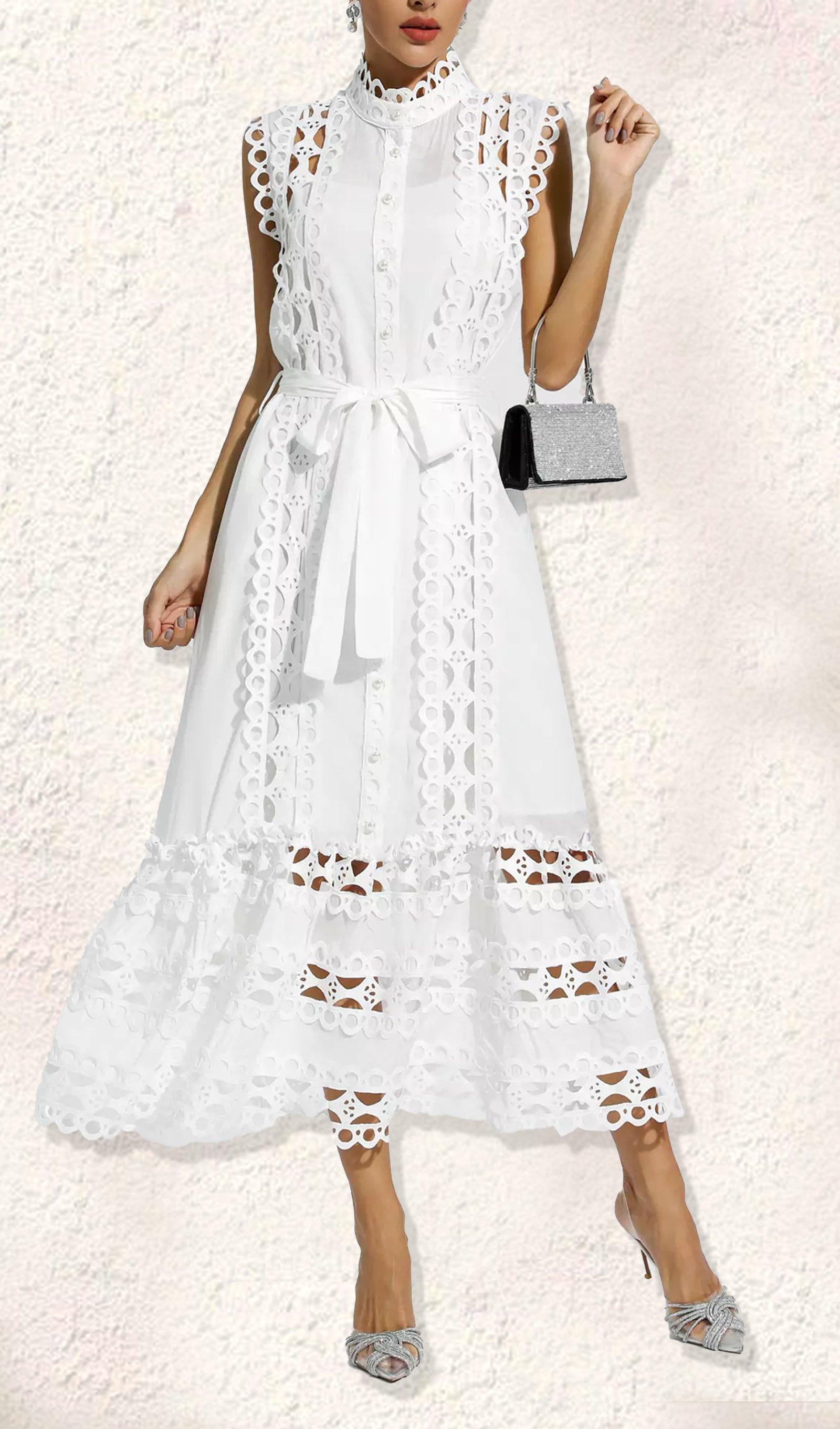 Kolsuz Hollow Out Kroşe Maksi Elbise