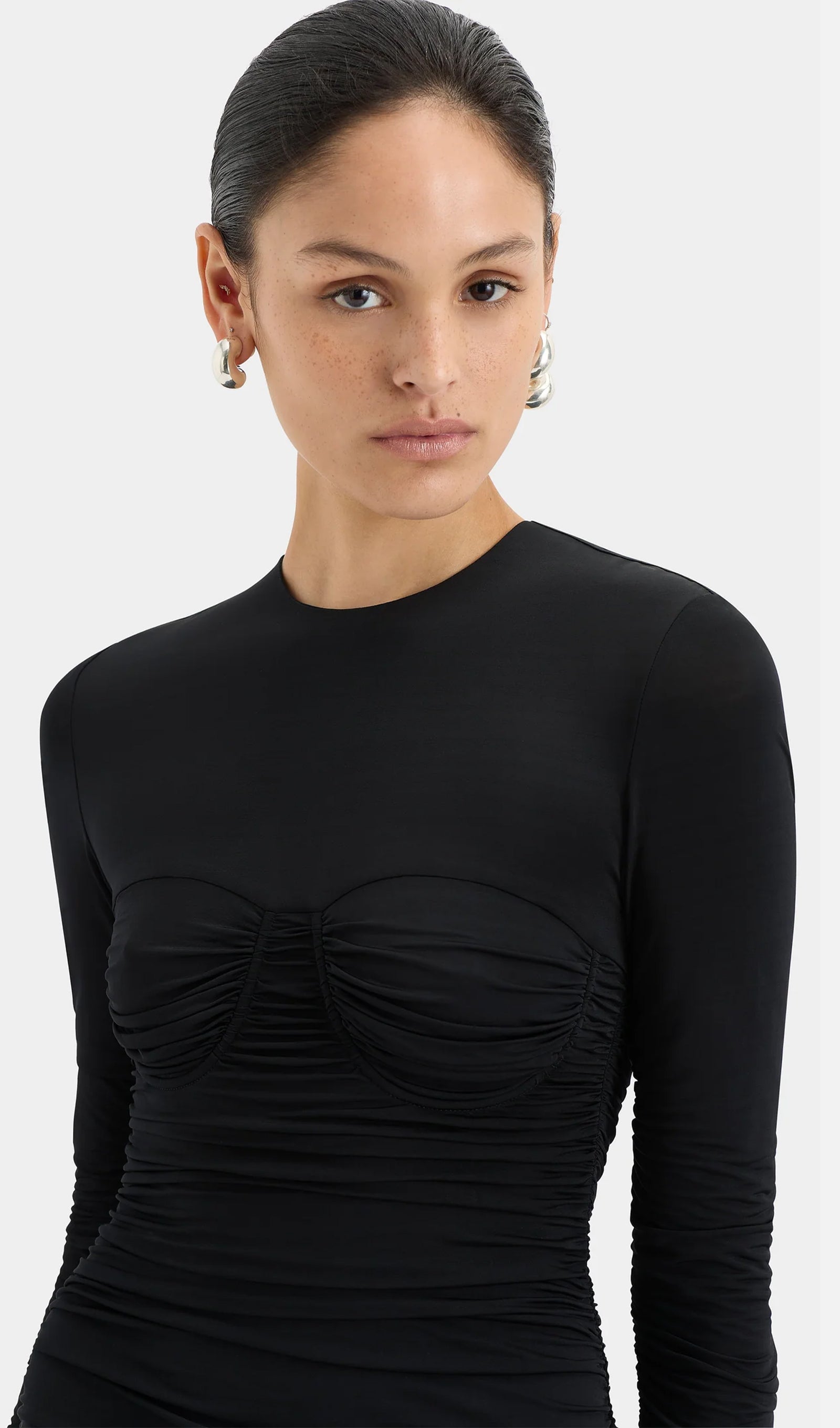 Drapeli Jersey ve Saten Maksi Elbise-Siyah