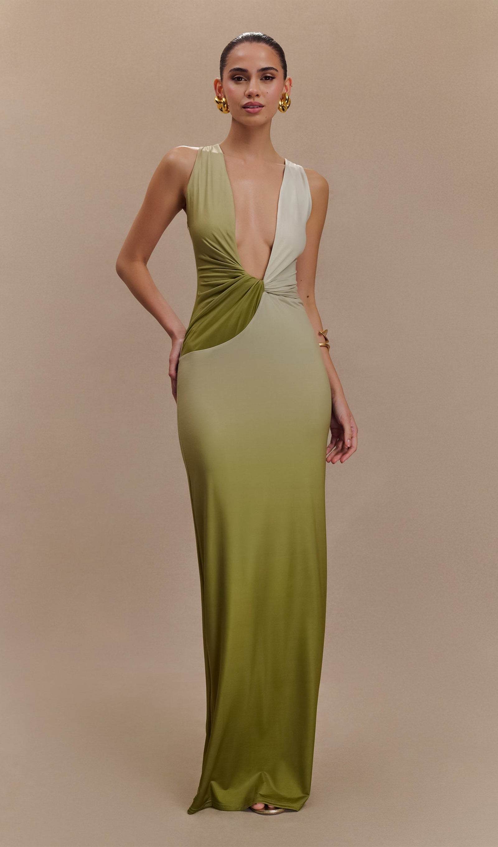 Drapeli Dar Maksi Elbise Ombre Zeytin