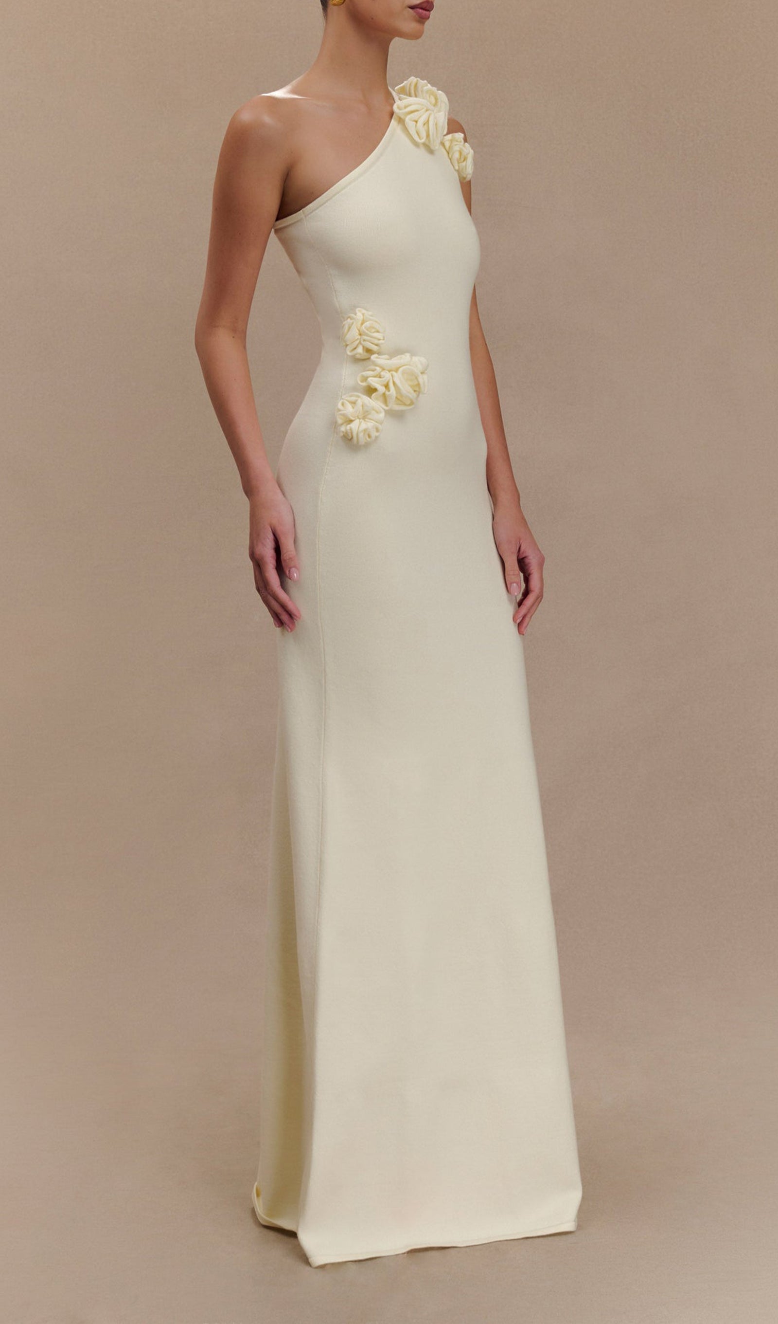 Tek Omuz Çiçekli Örgü Maksi Elbise - Fildişi