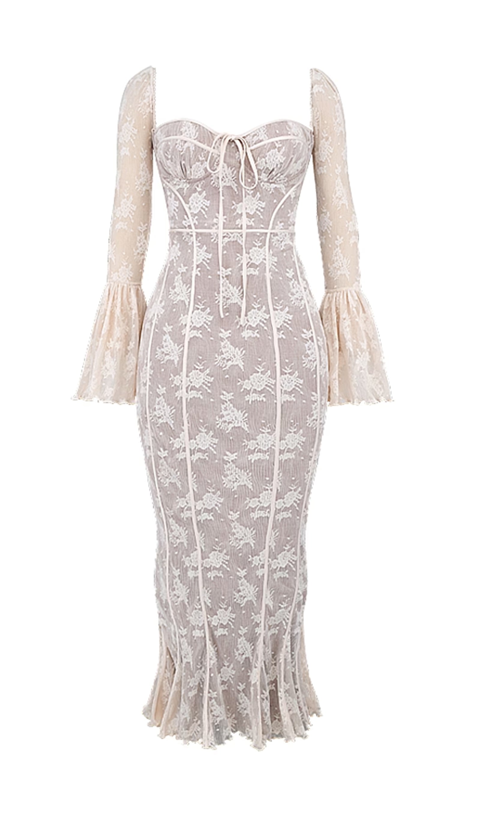 Vintage Krem Dantel Maksi Elbise